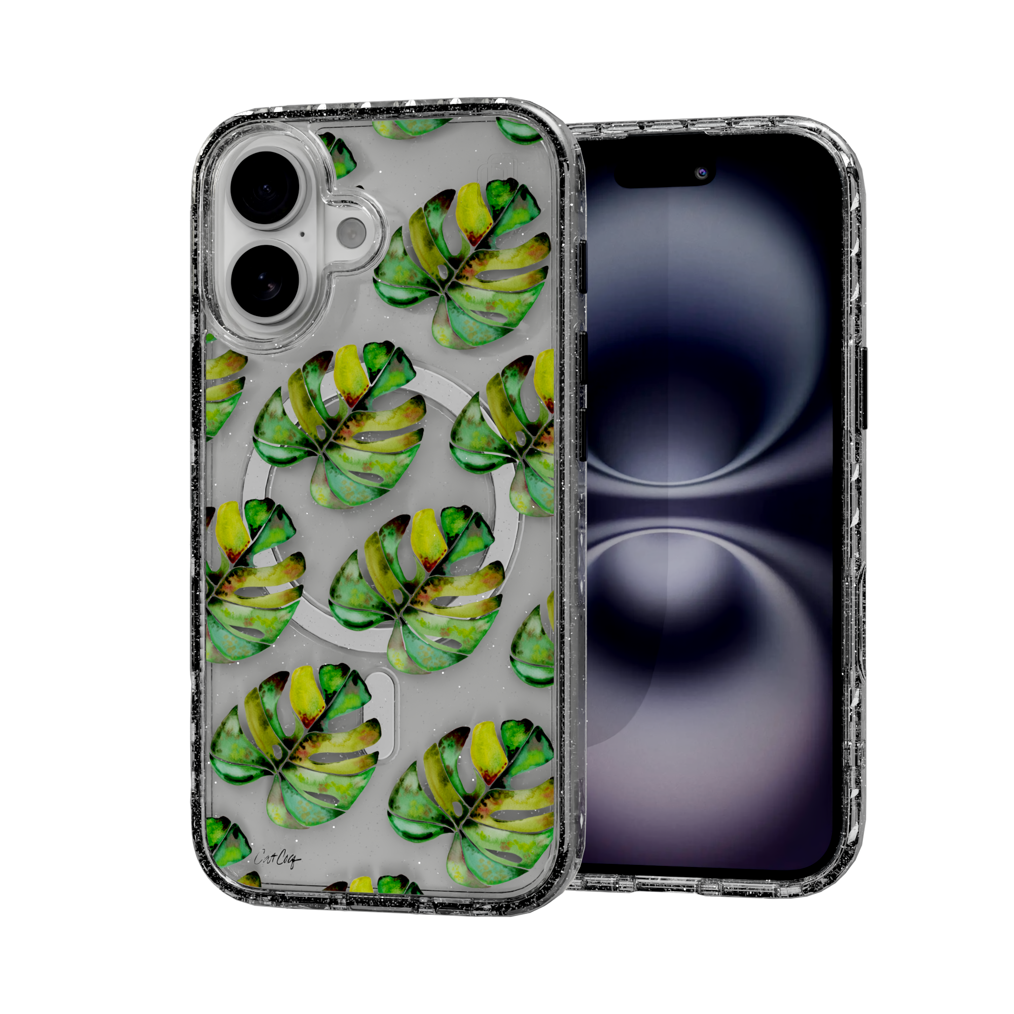 Green Monstera by CatCoq | iPhone 16 Series |  MagSafe® Case iPhone 16 / Crystal Clear Sparkle