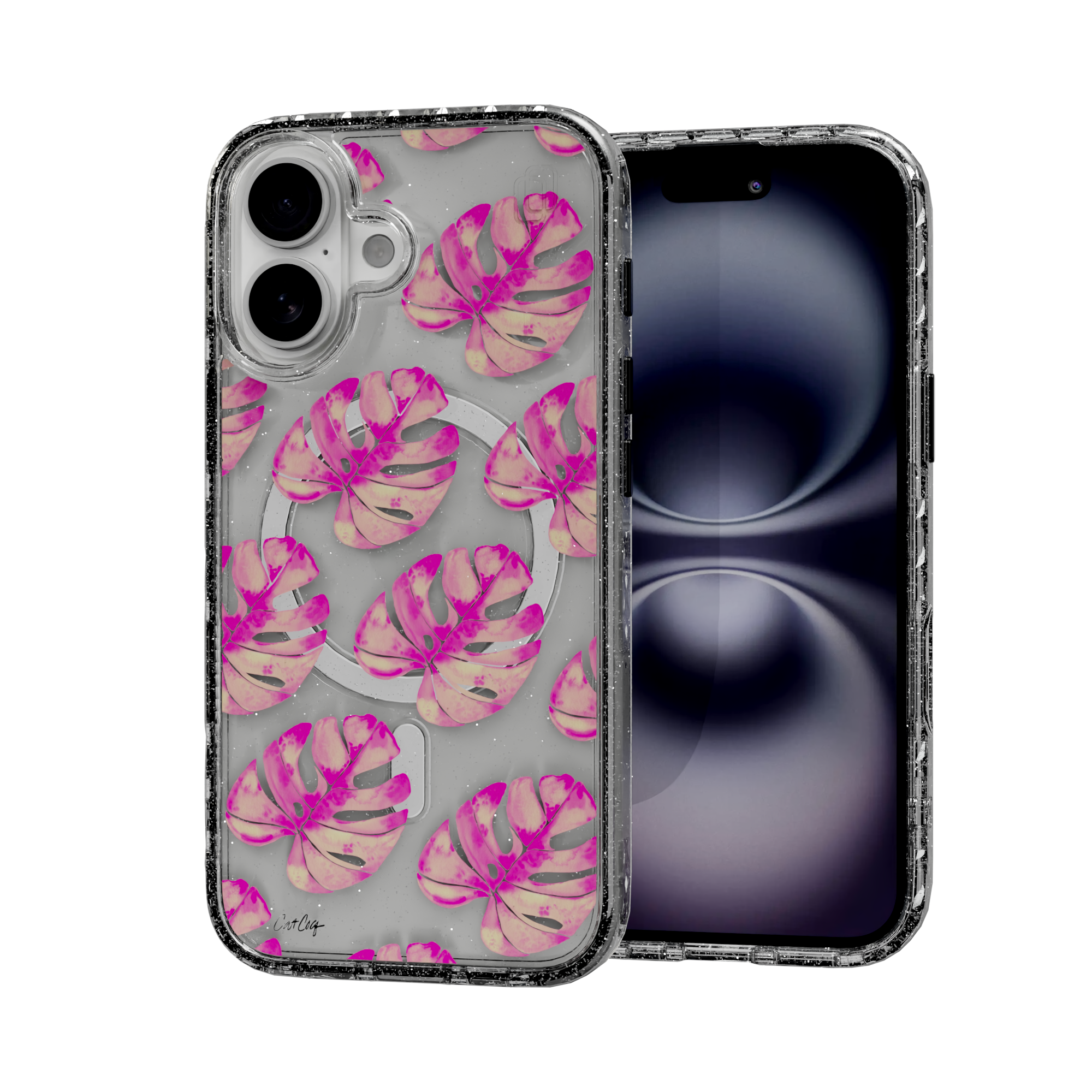 Pink Monstera by CatCoq | iPhone 16 Series | MagSafe® Case iPhone 16 / Crystal Clear Sparkle