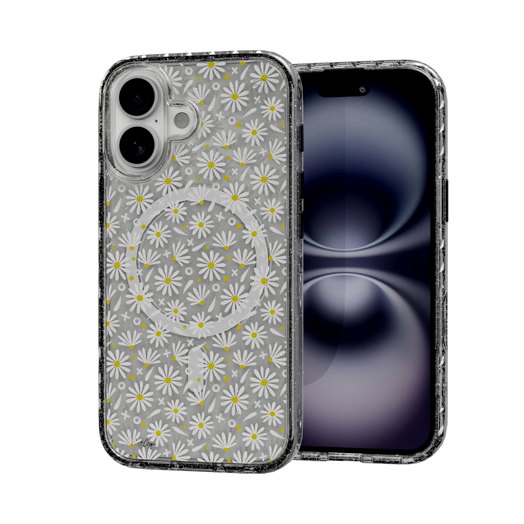 White Daisies by CatCoq | iPhone 16 Series |  MagSafe® Case iPhone 16 / Crystal Clear Sparkle