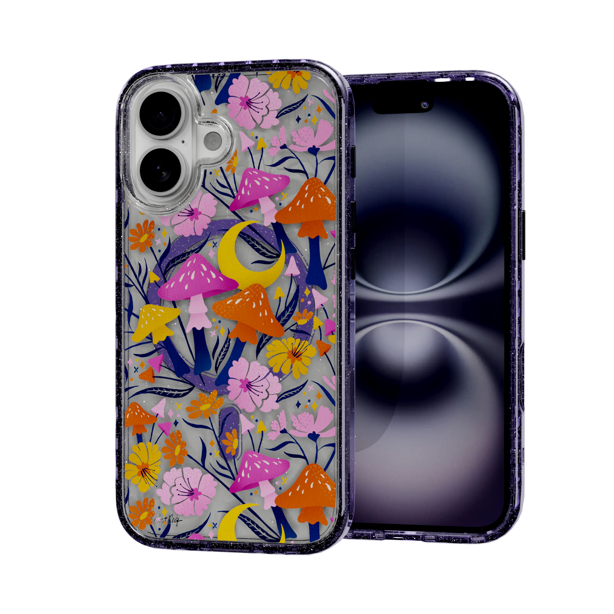 Blooms and Shrooms by CatCoq | iPhone 16 Series | MagSafe® Case iPhone 16 / Lilac Purple Sparkle