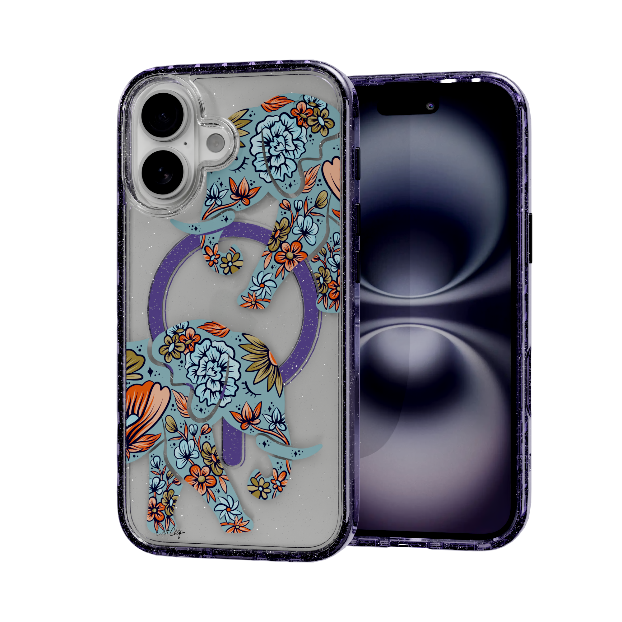Porcelain Elephant by CatCoq | iPhone 16 Series | MagSafe® Case iPhone 16 / Lilac Purple Sparkle