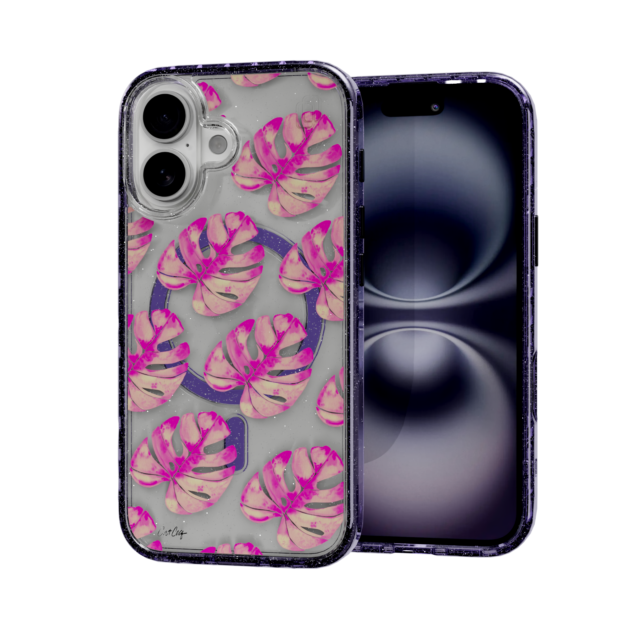 Pink Monstera by CatCoq | iPhone 16 Series | MagSafe® Case iPhone 16 / Lilac Purple Sparkle