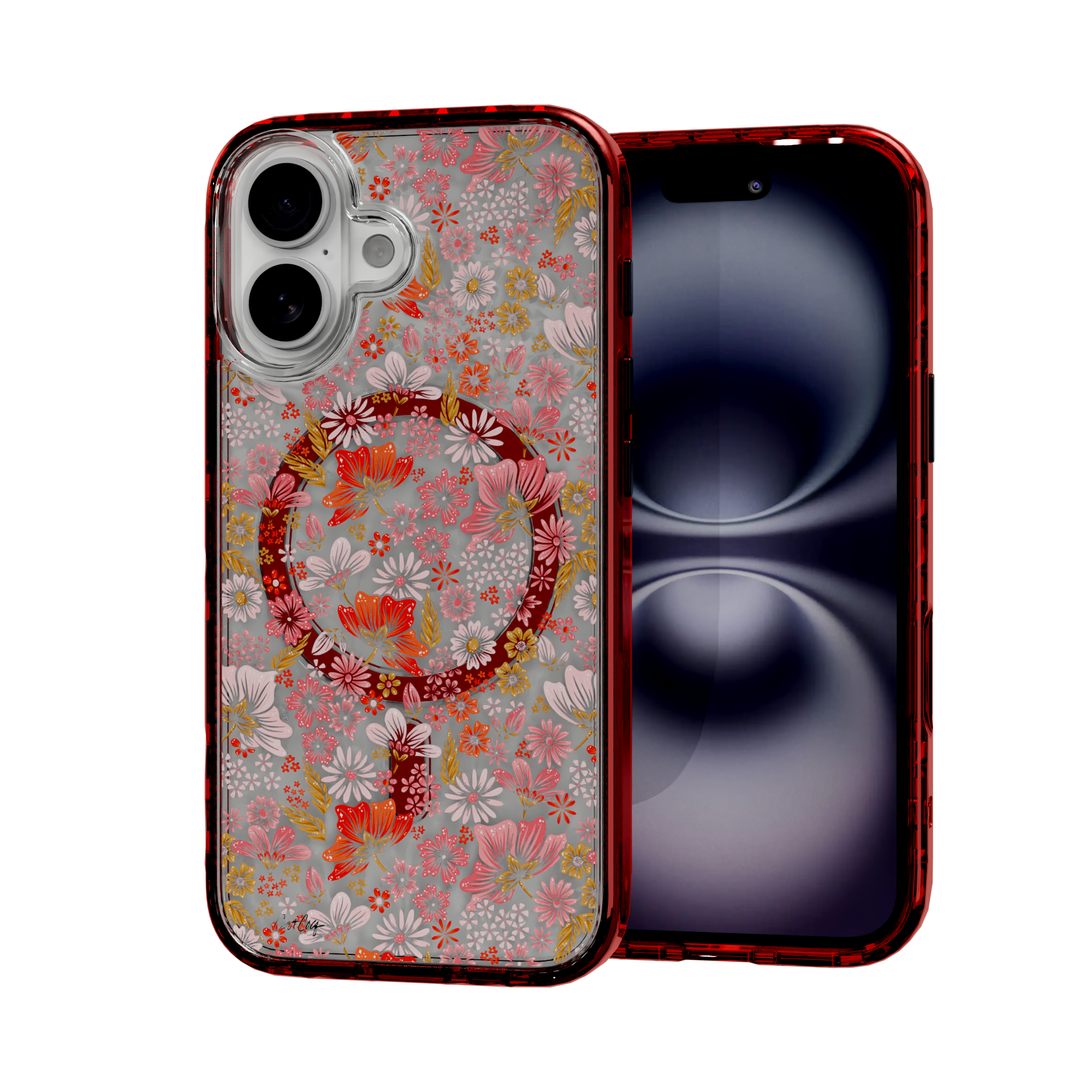 Retro Flower by CatCoq | iPhone 16 Series |  MagSafe® Case iPhone 16 / Lava Red