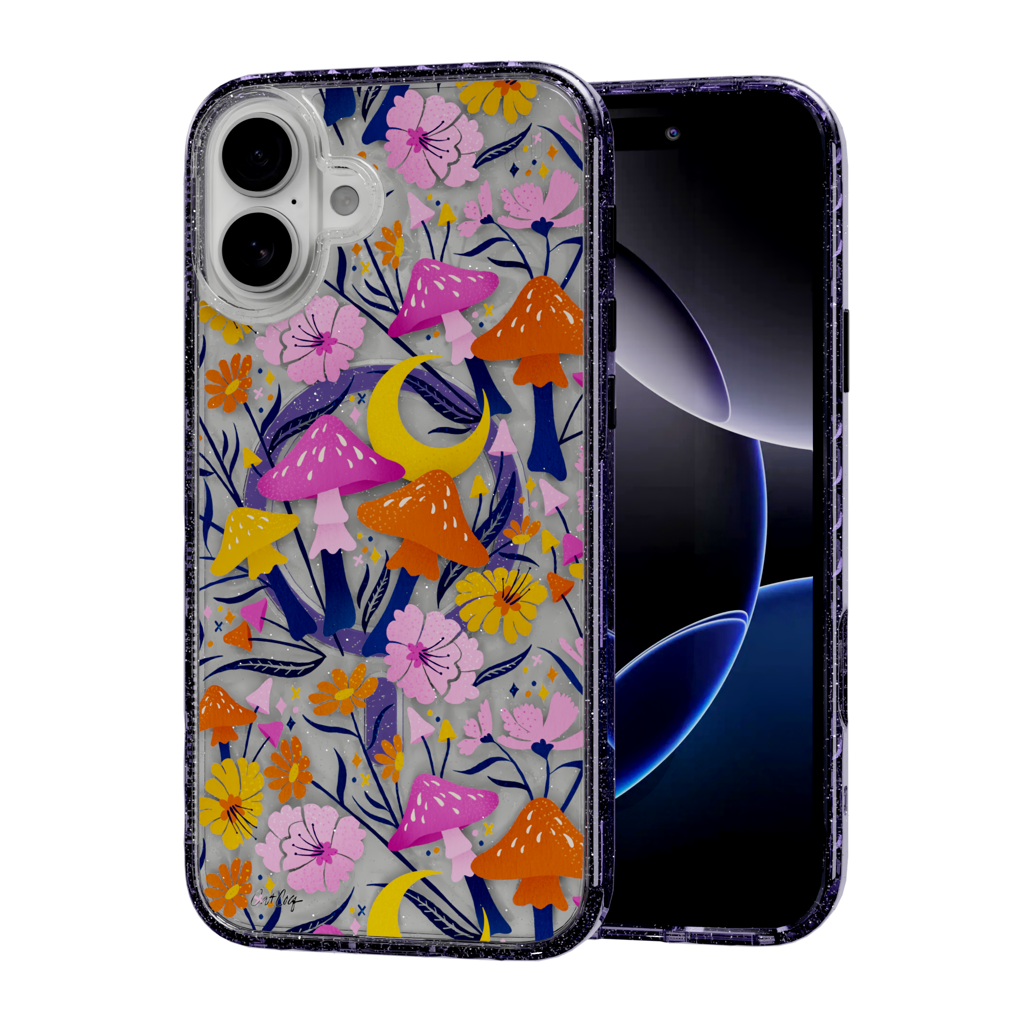 Blooms and Shrooms by CatCoq | iPhone 16 Series | MagSafe® Case iPhone 16 Plus / Lilac Purple Sparkle