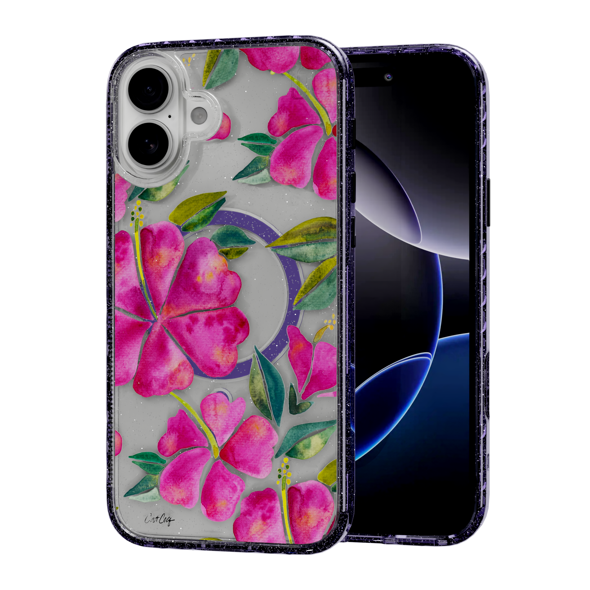 Hibiscus Bloom by CatCoq | iPhone 16 Series | MagSafe® Case iPhone 16 Plus / Lilac Purple Sparkle