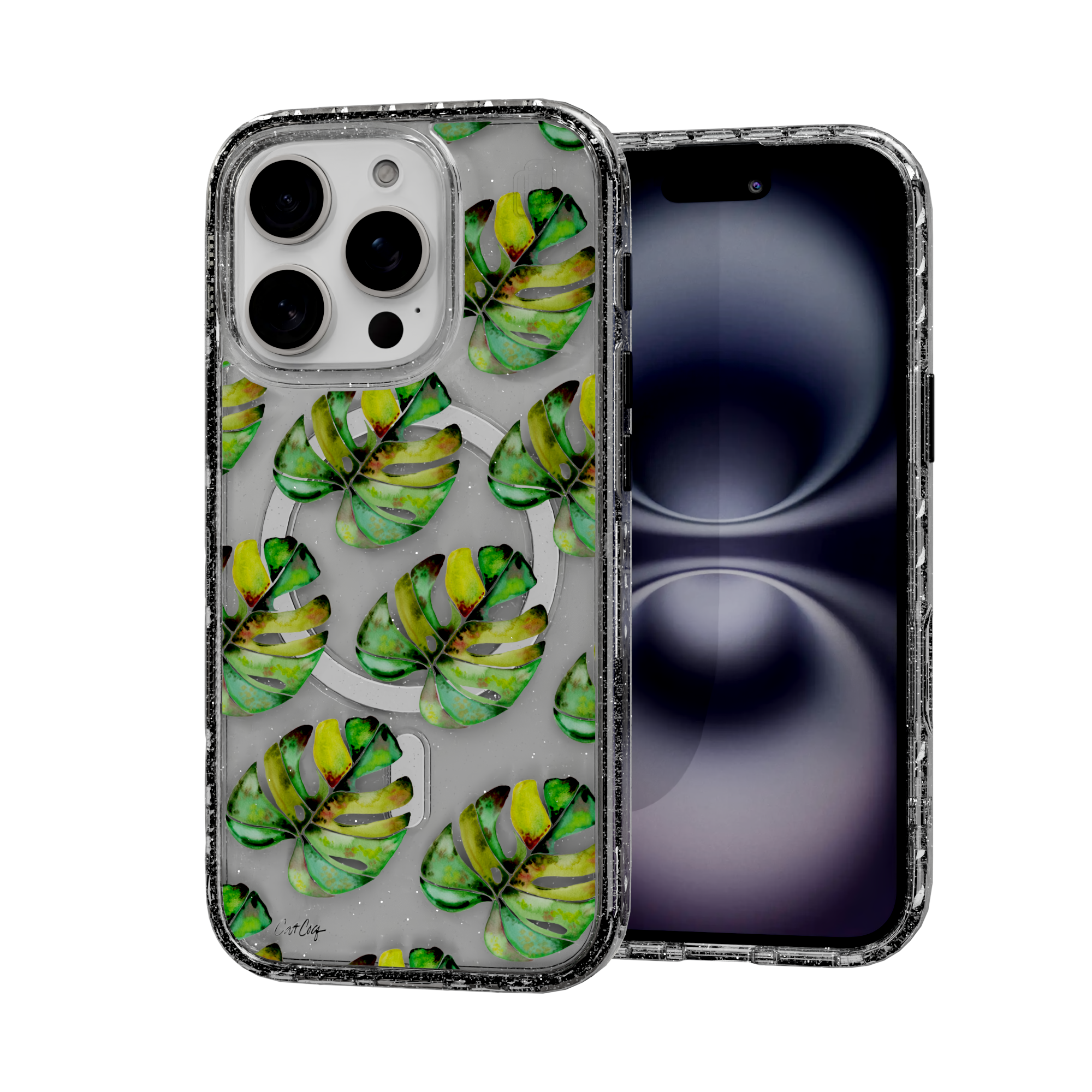 Green Monstera by CatCoq | iPhone 16 Series |  MagSafe® Case iPhone 16 Pro / Crystal Clear Sparkle
