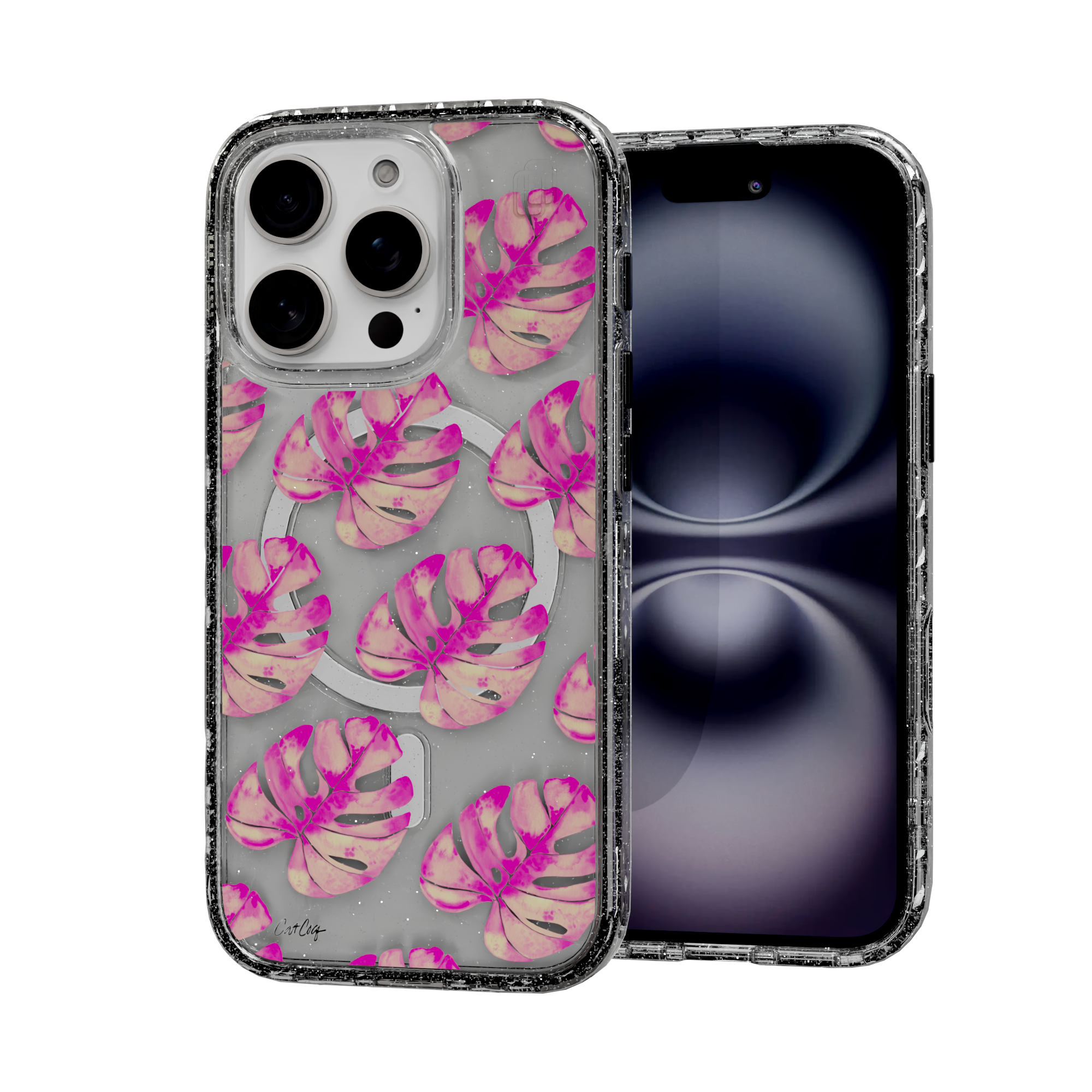 Pink Monstera by CatCoq | iPhone 16 Series | MagSafe® Case iPhone 16 Pro / Crystal Clear Sparkle