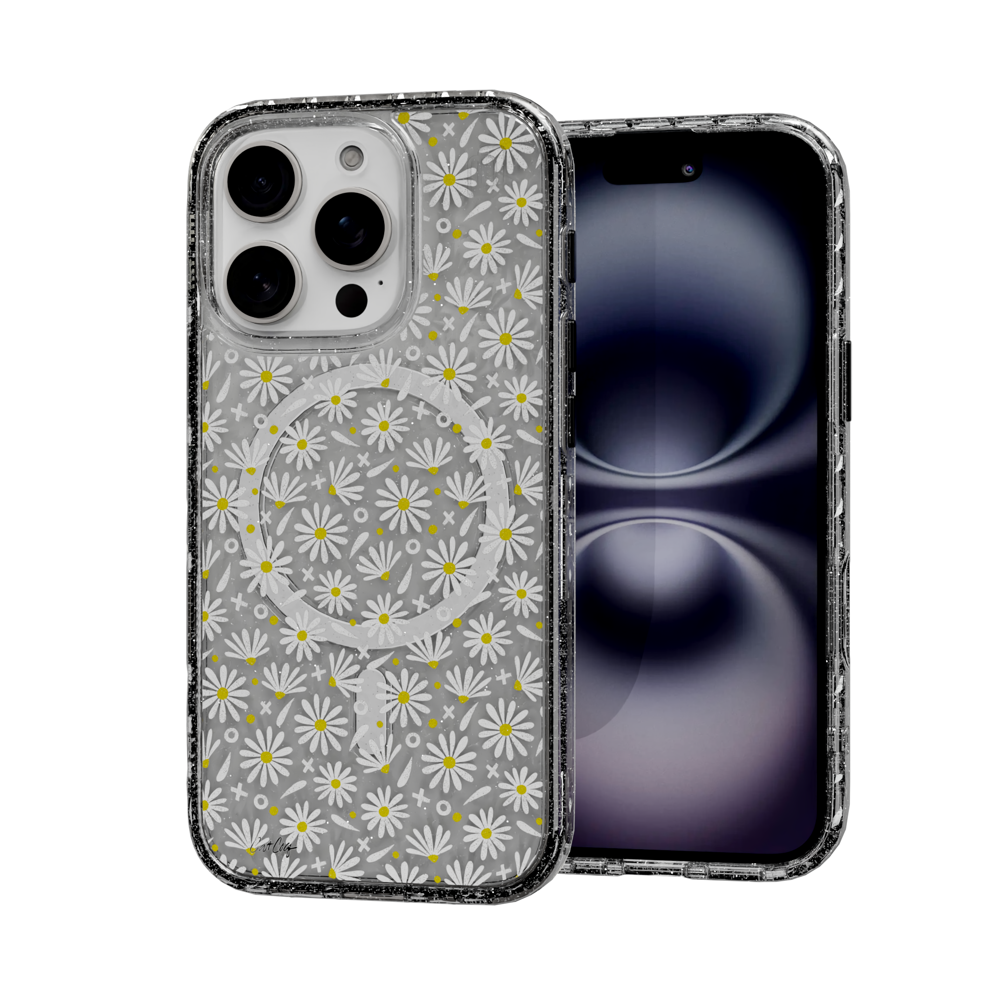 White Daisies by CatCoq | iPhone 16 Series |  MagSafe® Case iPhone 16 Pro / Crystal Clear Sparkle
