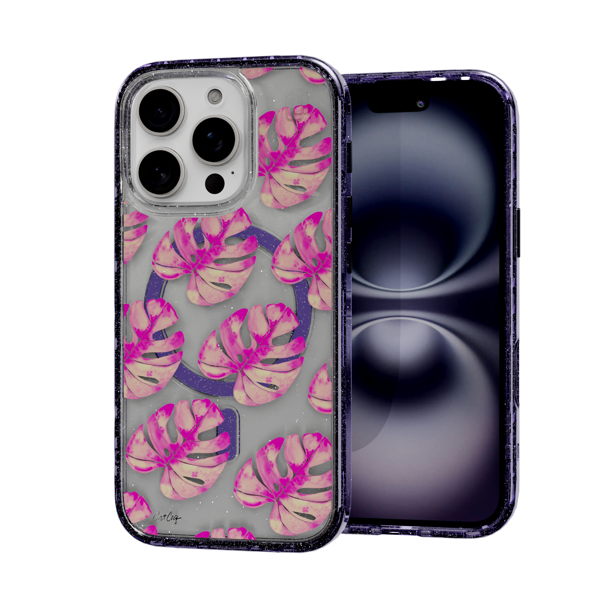 Pink Monstera by CatCoq | iPhone 16 Series | MagSafe® Case iPhone 16 Pro / Lilac Purple Sparkle