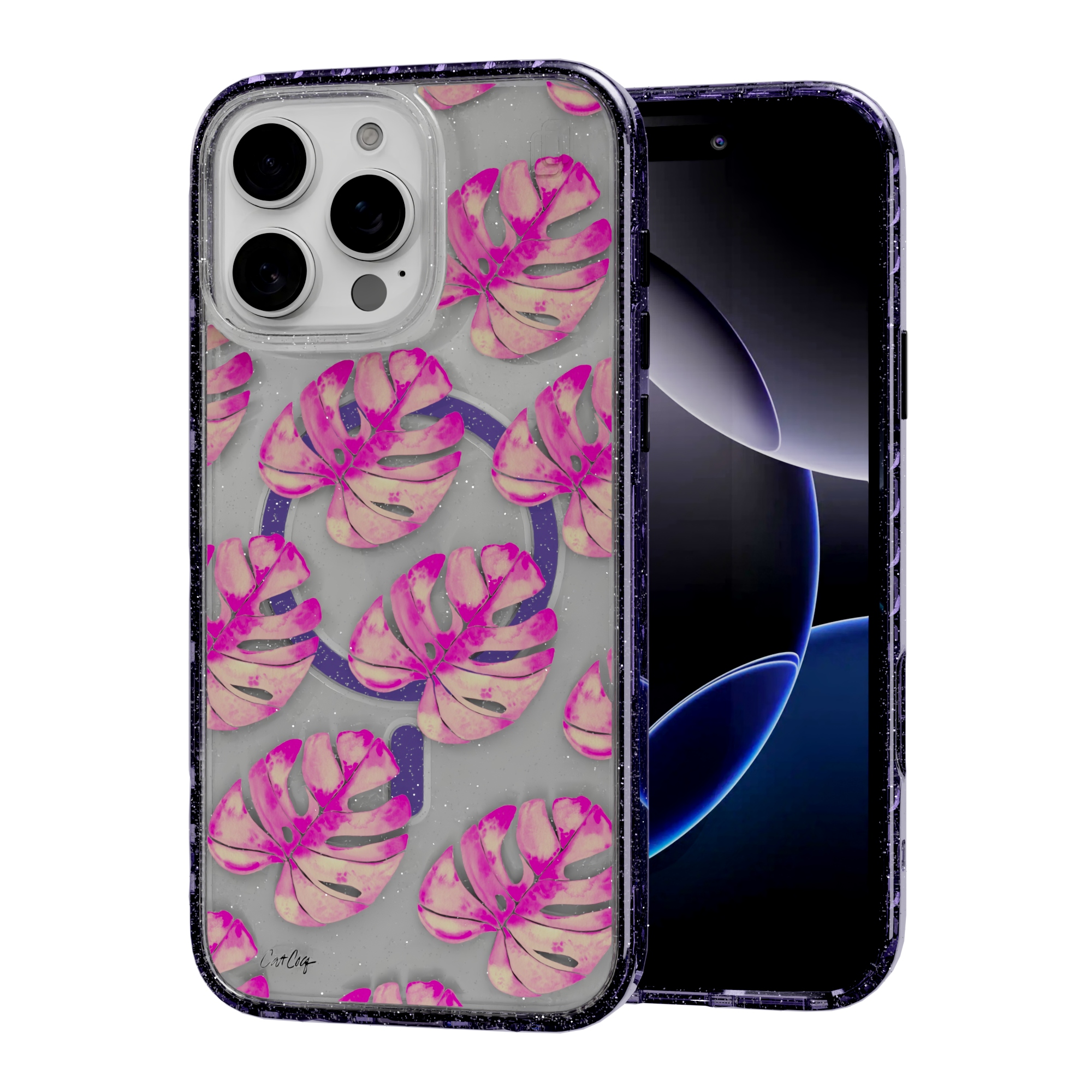 Pink Monstera by CatCoq | iPhone 16 Series | MagSafe® Case iPhone 16 Pro Max / Lilac Purple Sparkle