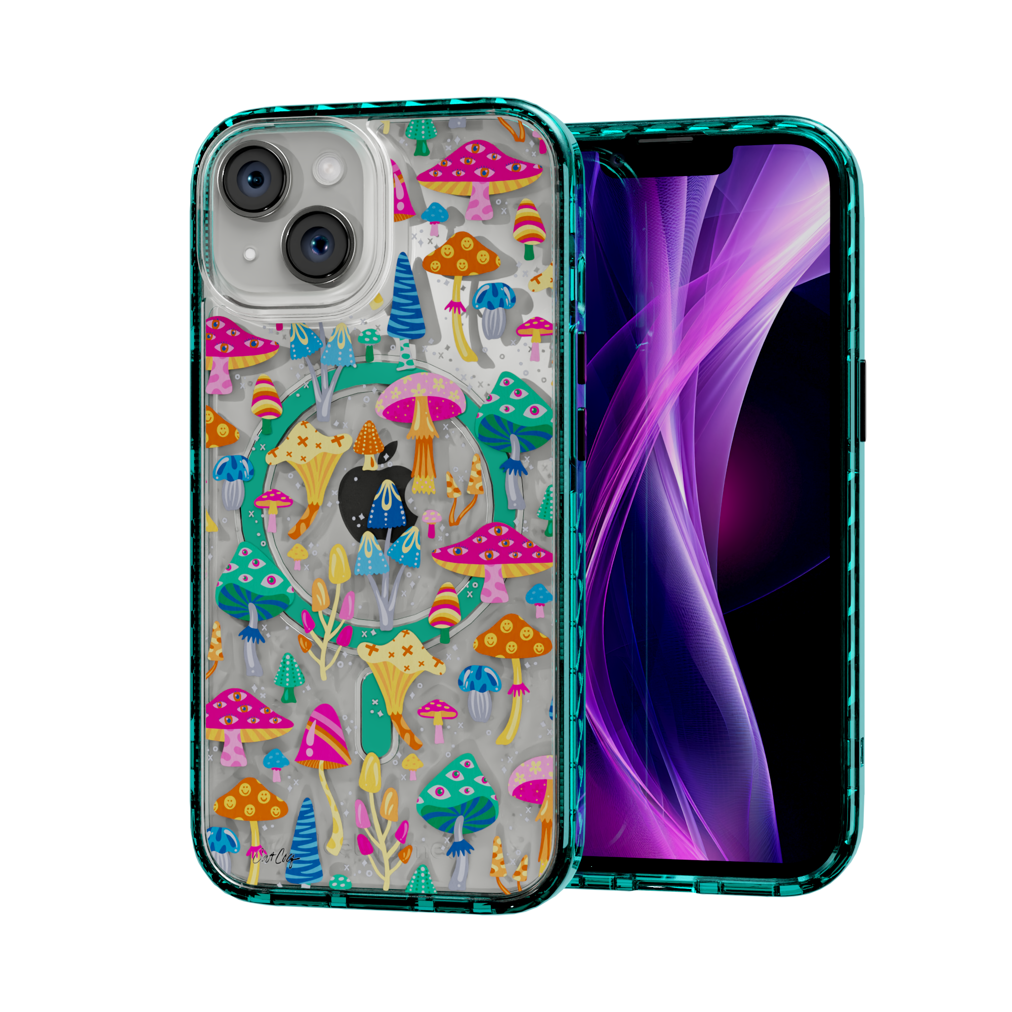 Mystic Mushrooms by CatCoq | iPhone 14 Series | MagSafe® Case iPhone 14 / Seafoam Green