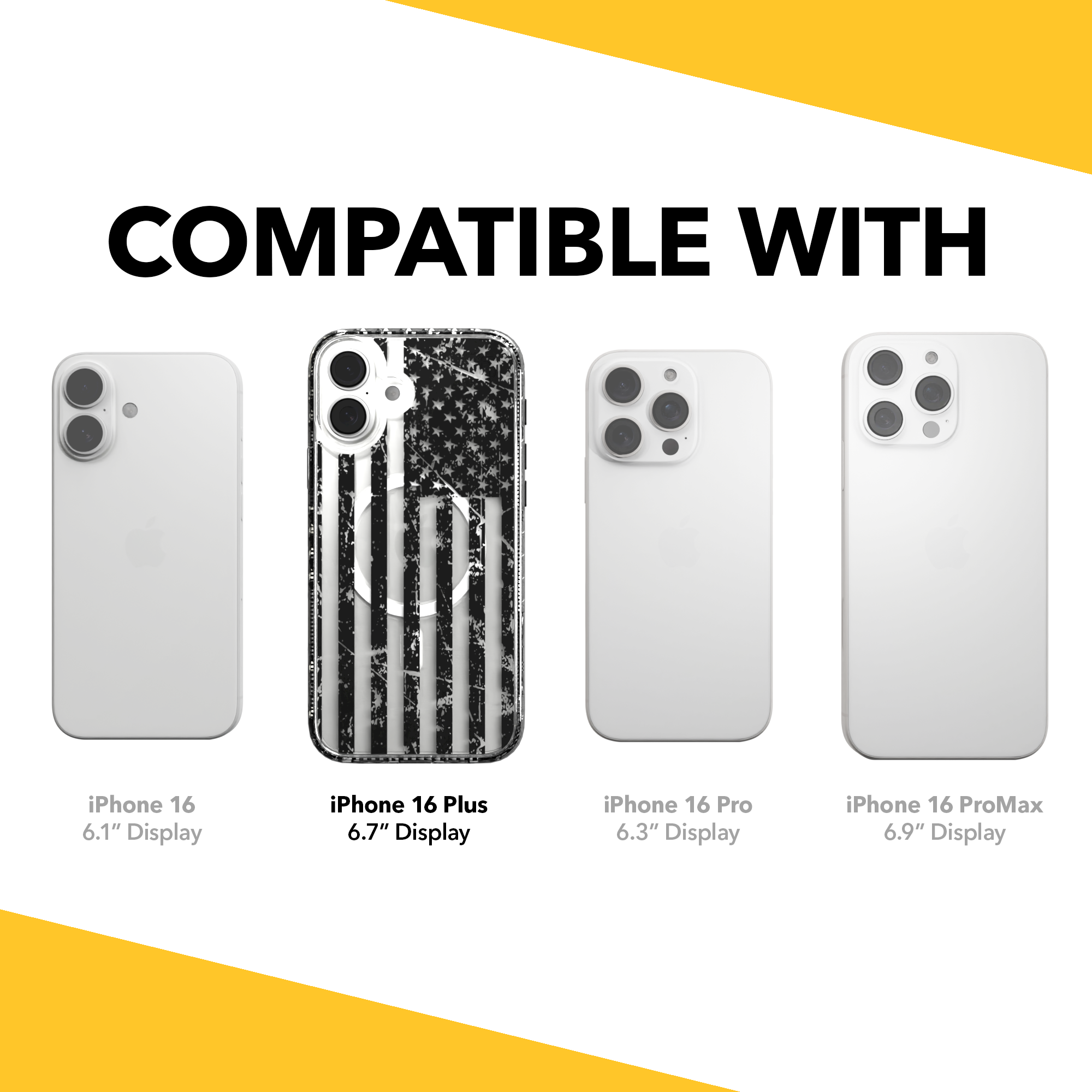 iPhone 16 Series | MagSafe | Red, White & Blue Case Collection | Weathered Black & White American Flag Black Flag / iPhone 16 Plus / Clear