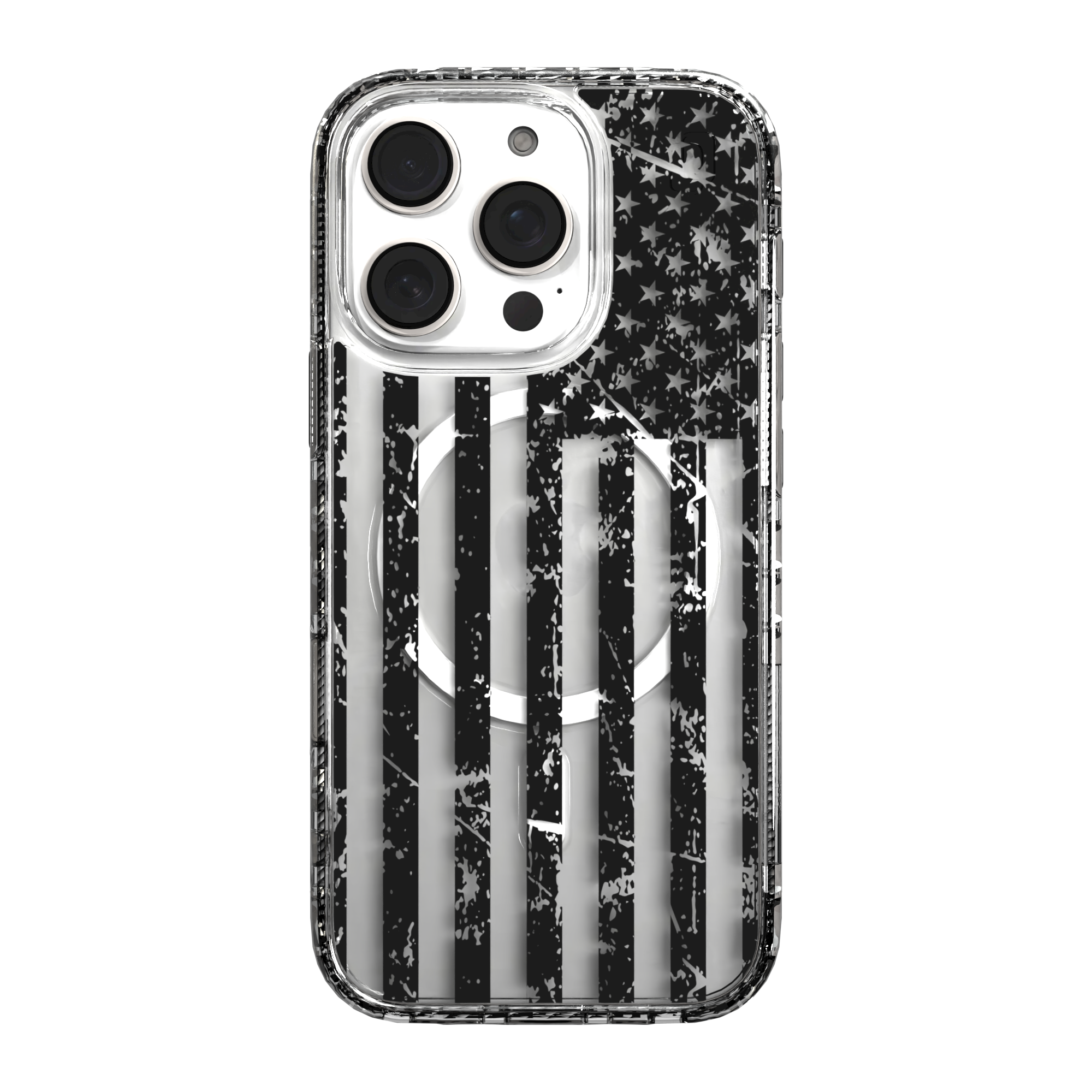 iPhone 16 Series | MagSafe | Red, White & Blue Case Collection | Weathered Black & White American Flag Black Flag / iPhone 16 Pro / Clear