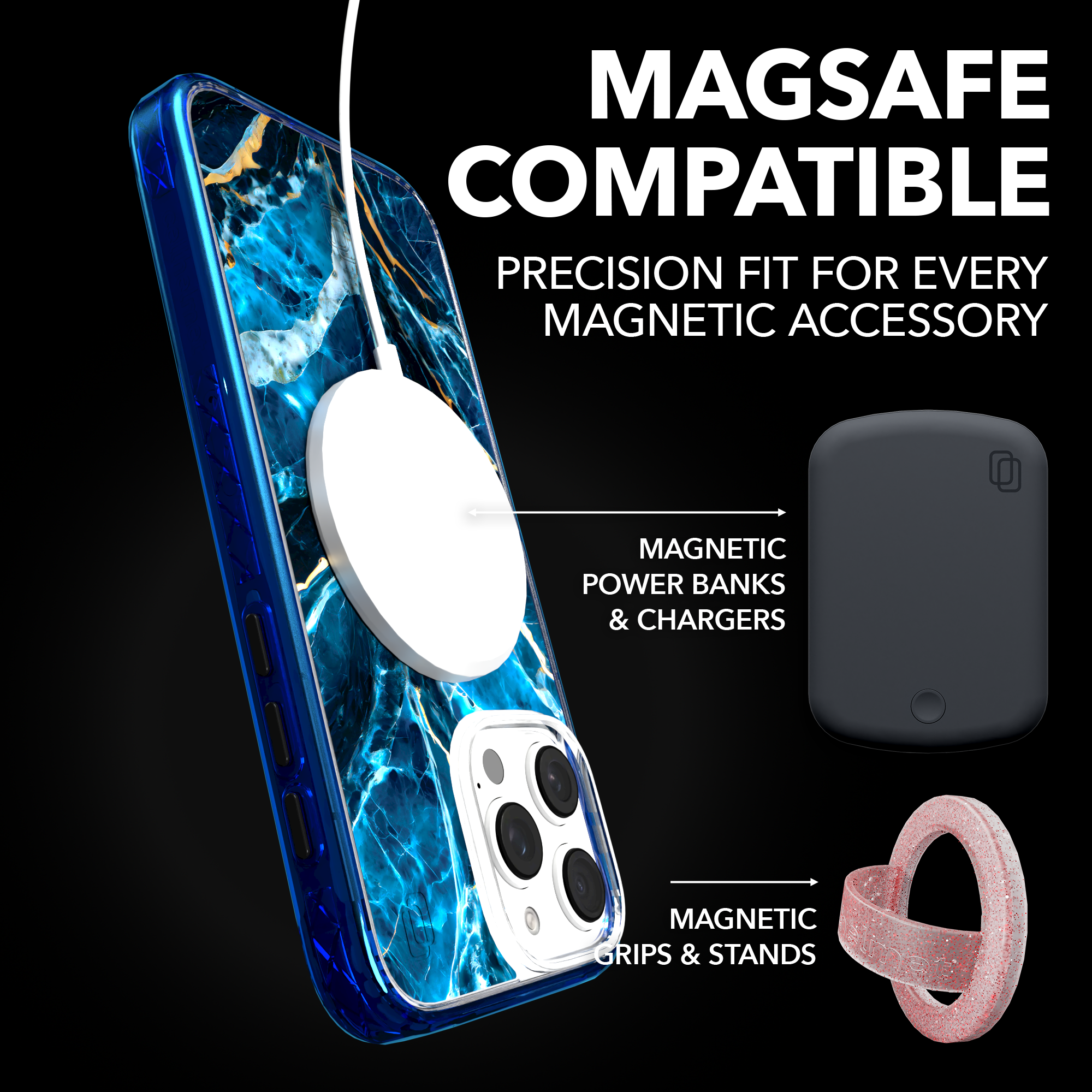iPhone 16 Series | MagSafe | Stone Beauty Case Collection | Deep Sea Blue & Gold Marble Deep Sea / iPhone 16 Pro Max / Blue