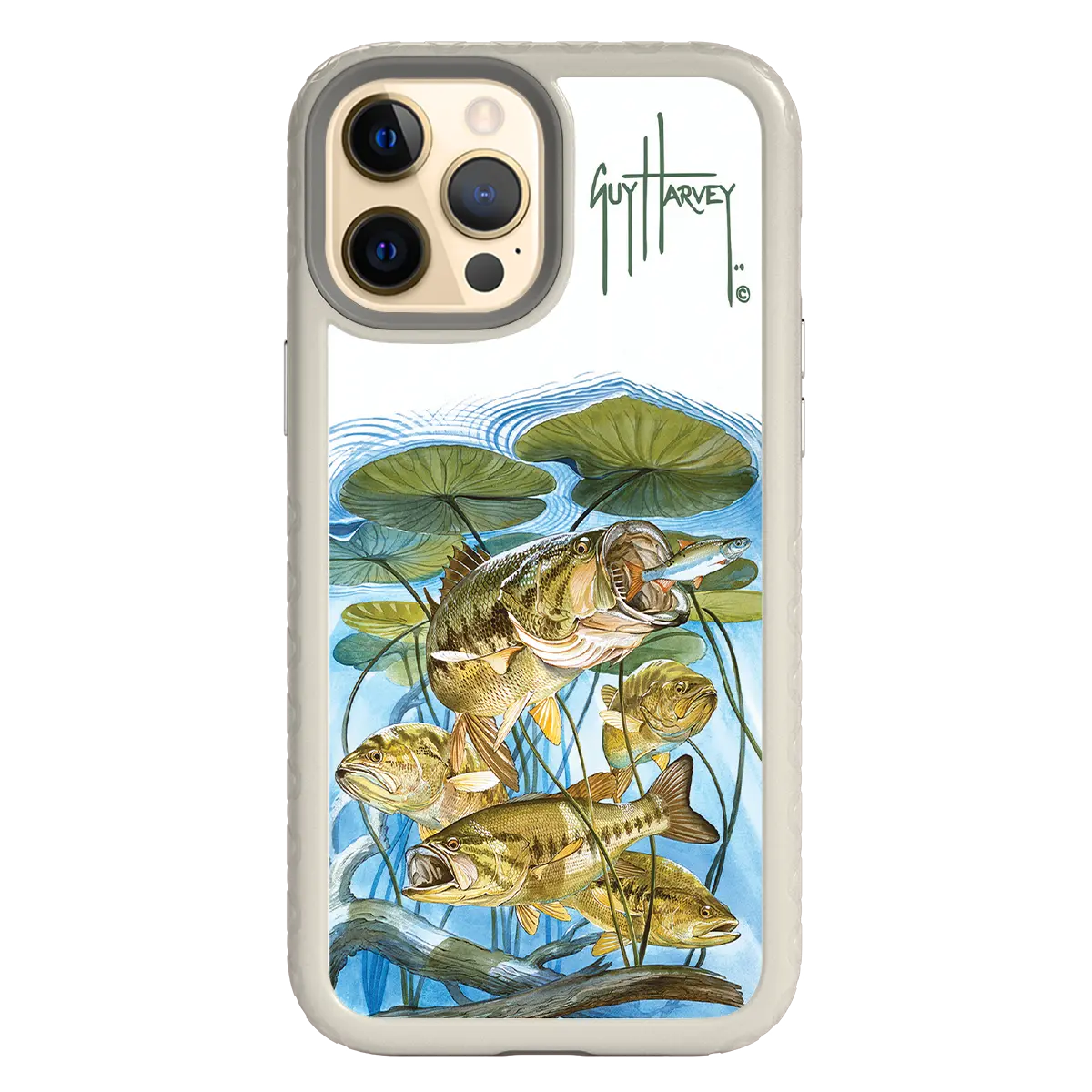 Guy Harvey Fortitude Series for Apple iPhone 12 Pro Max - Five Largemouth Under Lilypads - Custom Case - Gray - cellhelmet