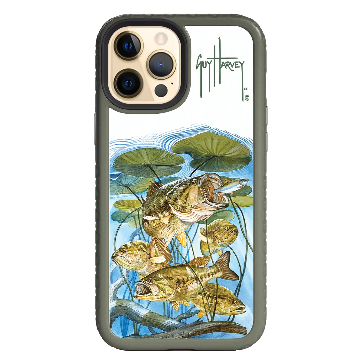 Guy Harvey Fortitude Series for Apple iPhone 12 Pro Max - Five Largemouth Under Lilypads - Custom Case - OliveDrabGreen - cellhelmet