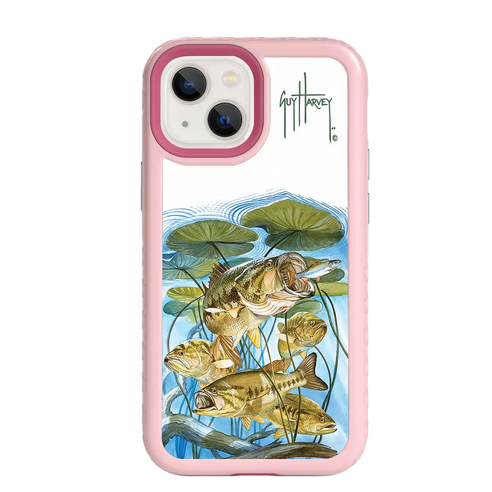 Guy Harvey Fortitude Series for Apple iPhone 13 Mini - Five Largemouth Under Lilypads - Custom Case - PinkMagnolia - cellhelmet