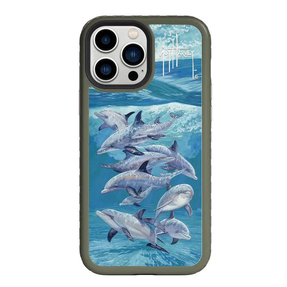 Guy Harvey Fortitude Series for Apple iPhone 13 Pro Max - Bottlenose Dolphins - Custom Case - OliveDrabGreen - cellhelmet