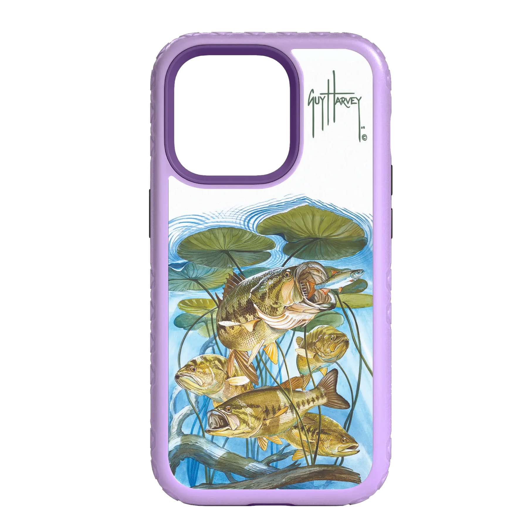 Guy Harvey Fortitude Series for Apple iPhone 14 Pro Max - Five Largemouth Under Lilypads - Custom Case - LilacBlossomPurple - cellhelmet
