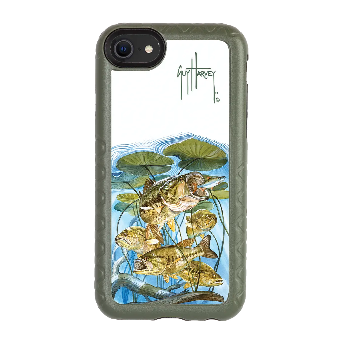 Guy Harvey Fortitude Series for Apple iPhone SE (2020) /6/7/8 - Five Largemouth Under Lilypads - Custom Case - OliveDrabGreen - cellhelmet