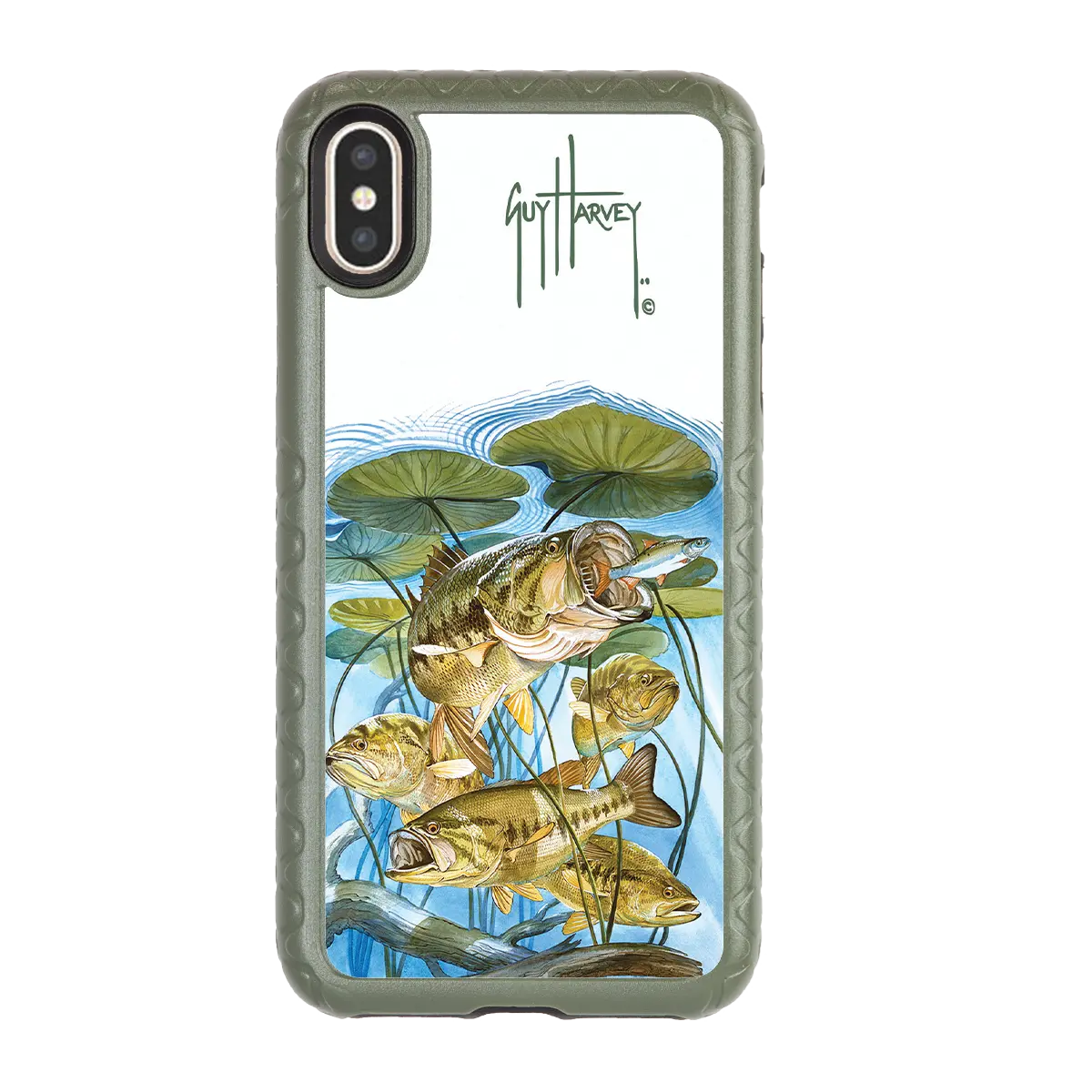 Guy Harvey Fortitude Series for Apple iPhone XS/X - Five Largemouth Under Lilypads - Custom Case - OliveDrabGreen - cellhelmet