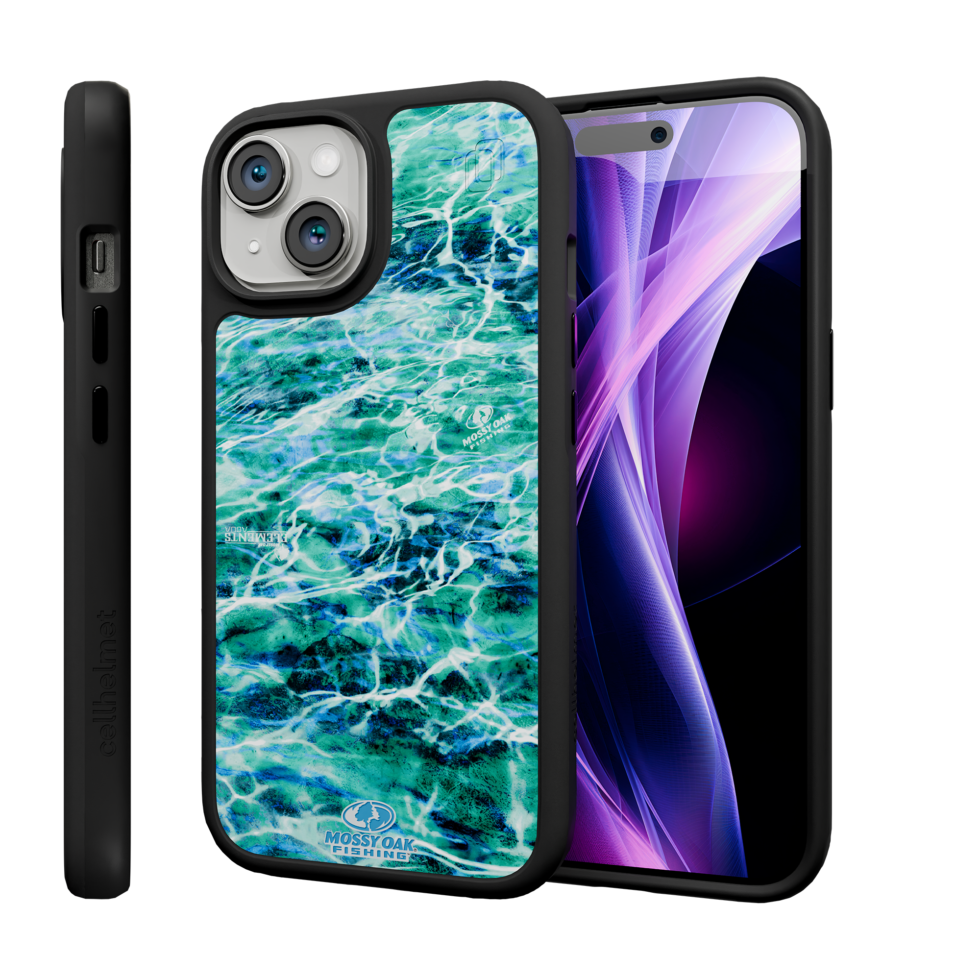 Shock-Absorbent MagSafe® Case for Apple iPhone 15 | Mossy Oak Agua Seafoam Blue Camo Onyx Black