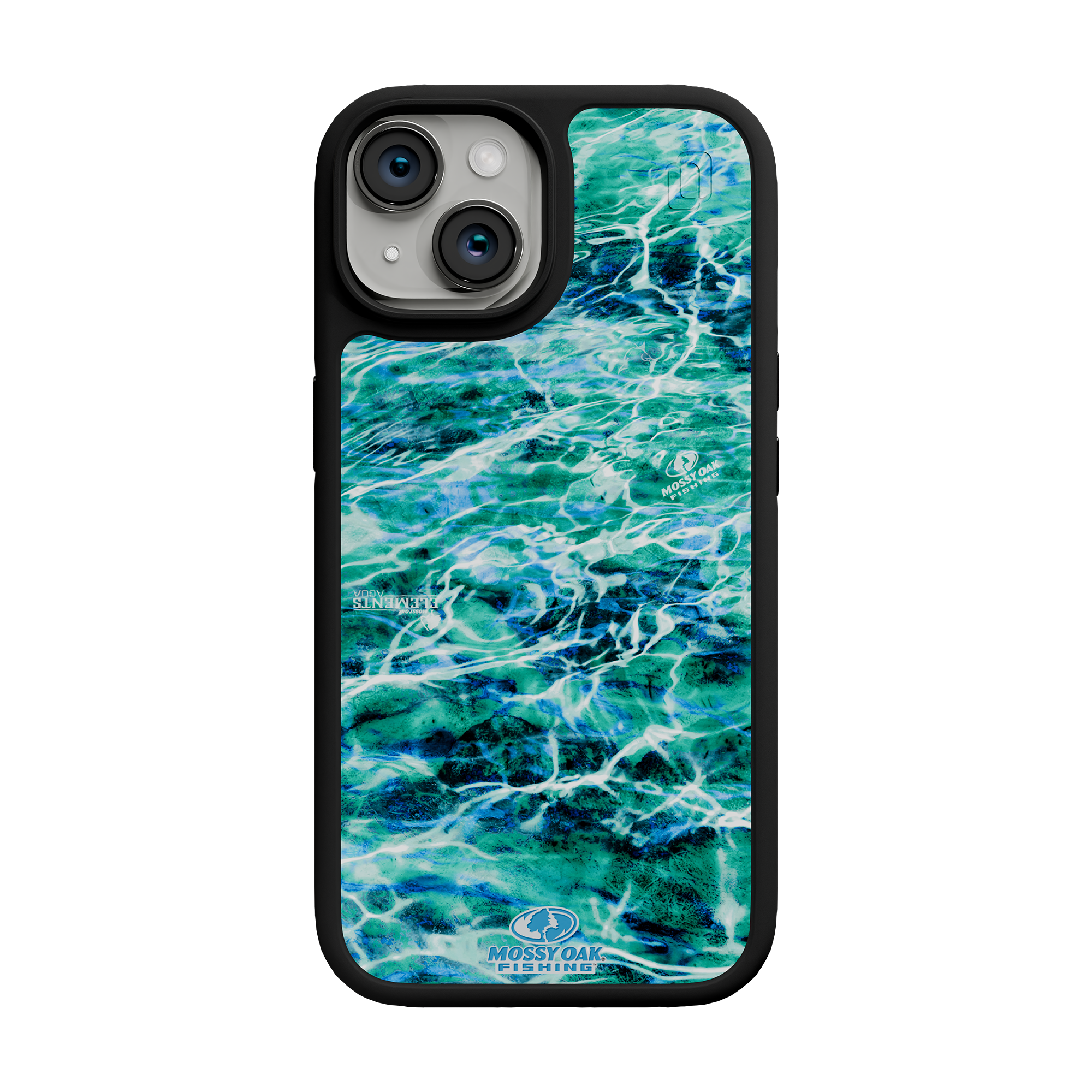 Shock-Absorbent MagSafe® Case for Apple iPhone 15 | Mossy Oak Agua Seafoam Blue Camo Onyx Black