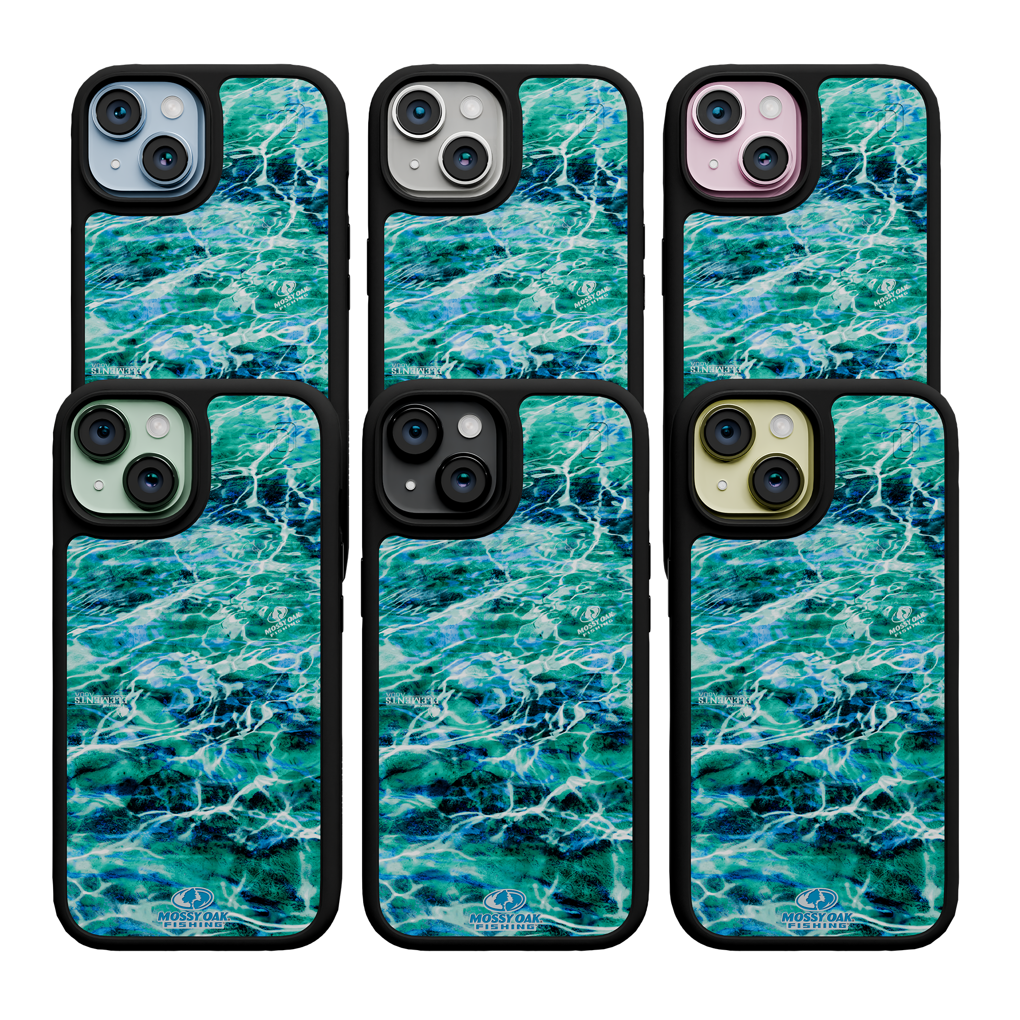 Shock-Absorbent MagSafe® Case for Apple iPhone 15 | Mossy Oak Agua Seafoam Blue Camo Onyx Black