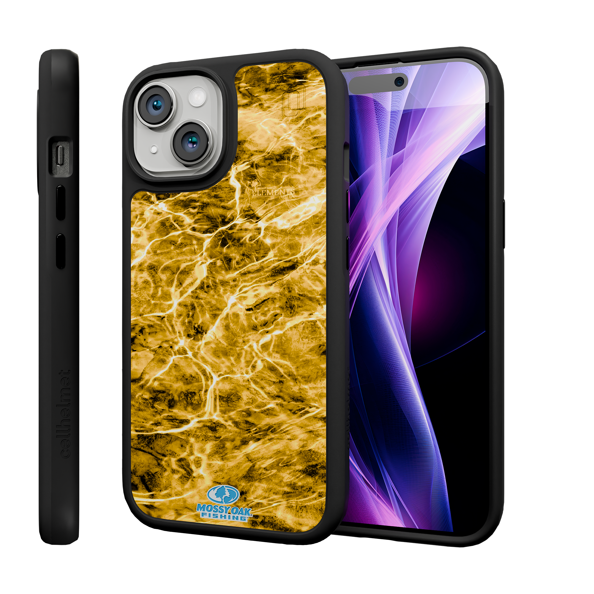 Shock-Absorbent MagSafe® Case for Apple iPhone 15 | Mossy Oak Agua Yellowfin Camo Onyx Black