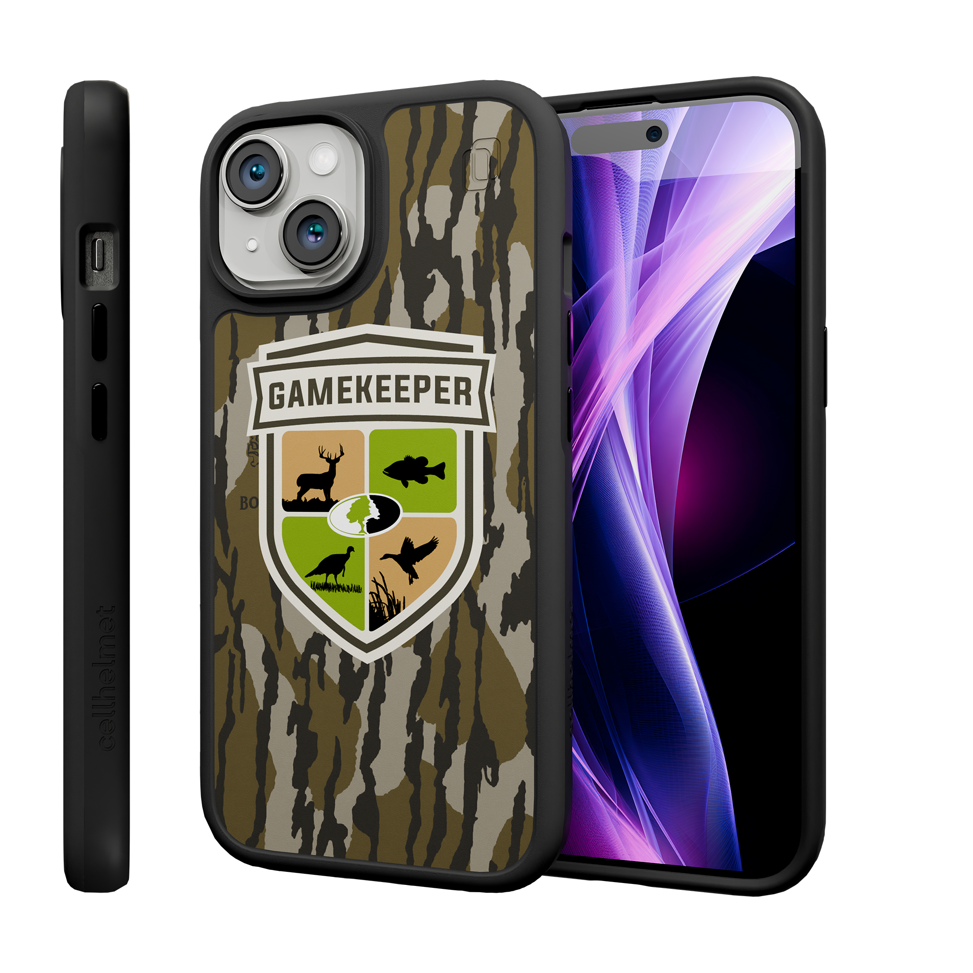 Shock-Absorbent MagSafe® Case for Apple iPhone 15 | Mossy Oak Gamekeeper Bottomland Camo Onyx Black