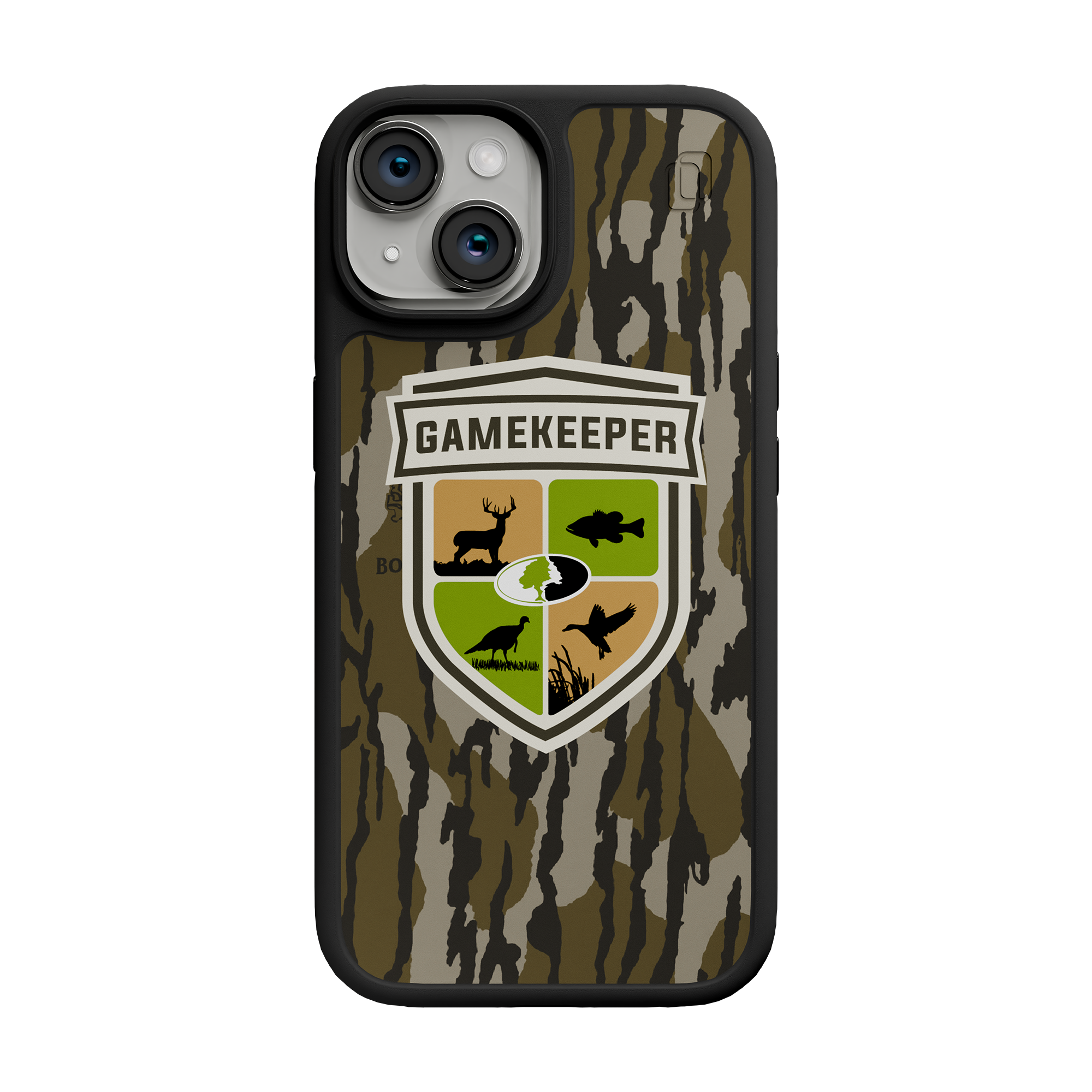 Shock-Absorbent MagSafe® Case for Apple iPhone 15 | Mossy Oak Gamekeeper Bottomland Camo Onyx Black