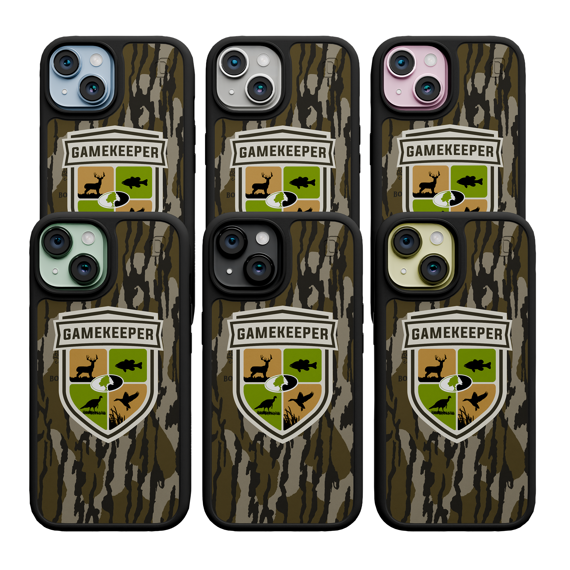 Shock-Absorbent MagSafe® Case for Apple iPhone 15 | Mossy Oak Gamekeeper Bottomland Camo Onyx Black