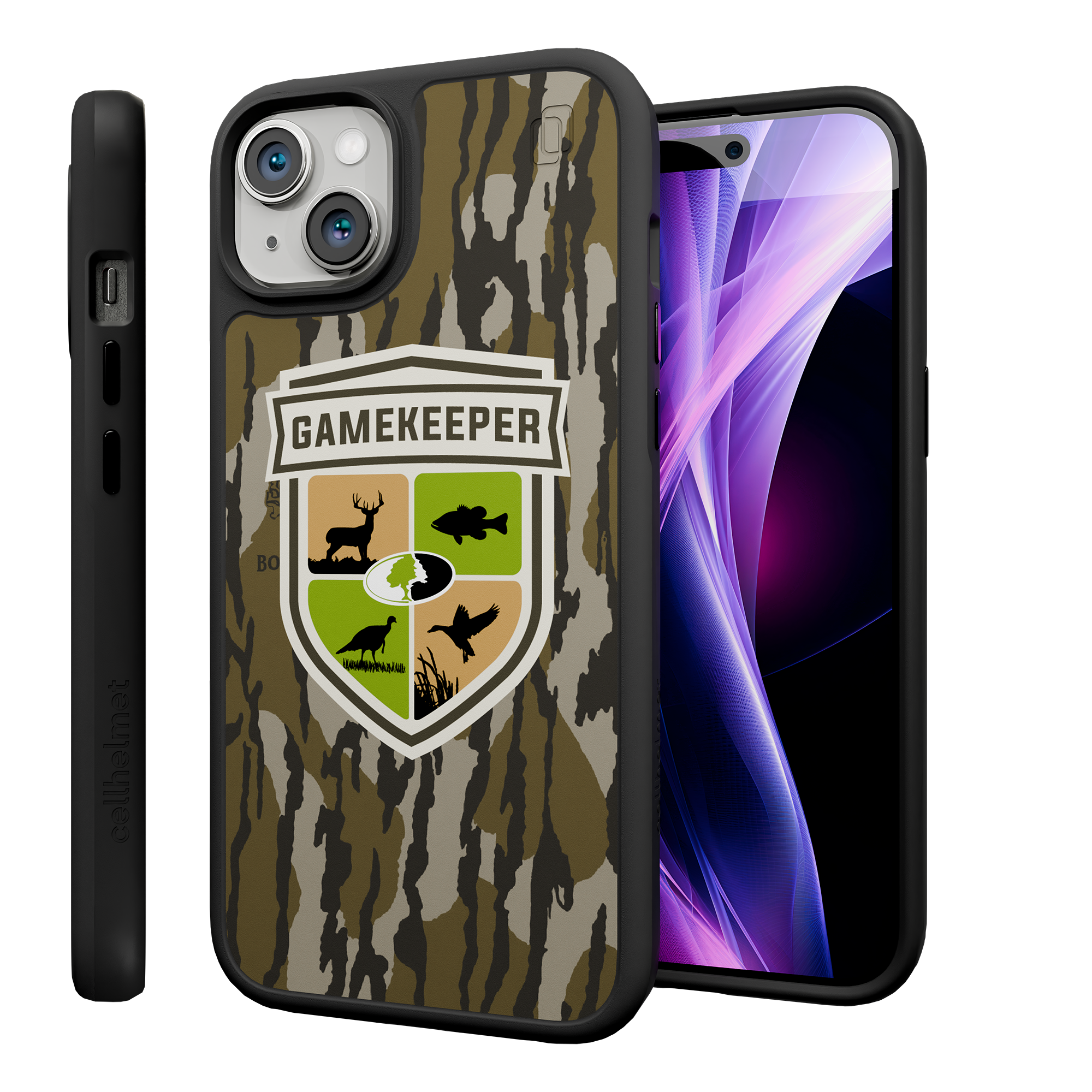 Shock-Absorbent MagSafe® Case for Apple iPhone 15 Plus| Mossy Oak Gamekeeper Bottomland Camo Onyx Black