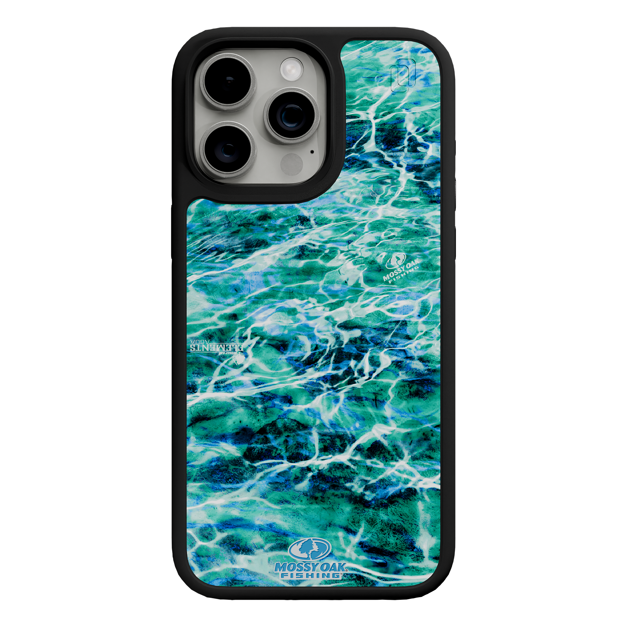 Shock-Absorbent MagSafe® Case for Apple iPhone 15 Pro Max | Mossy Oak Agua Seafoam Blue Camo Onyx Black