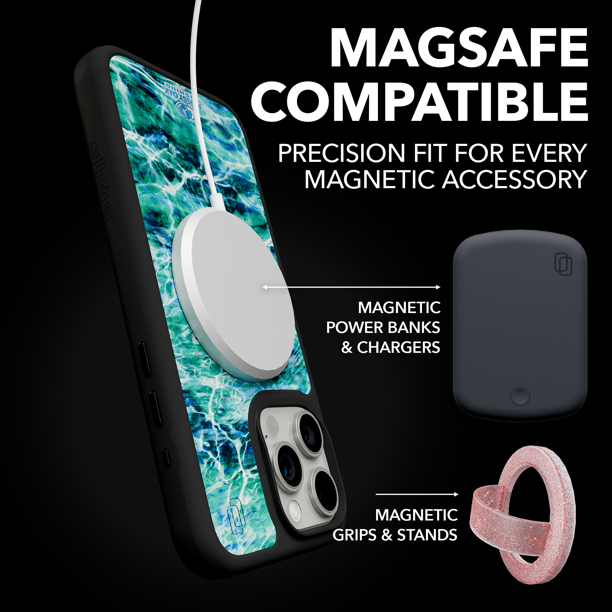 Shock-Absorbent MagSafe® Case for Apple iPhone 15 Pro Max | Mossy Oak Agua Seafoam Blue Camo Onyx Black
