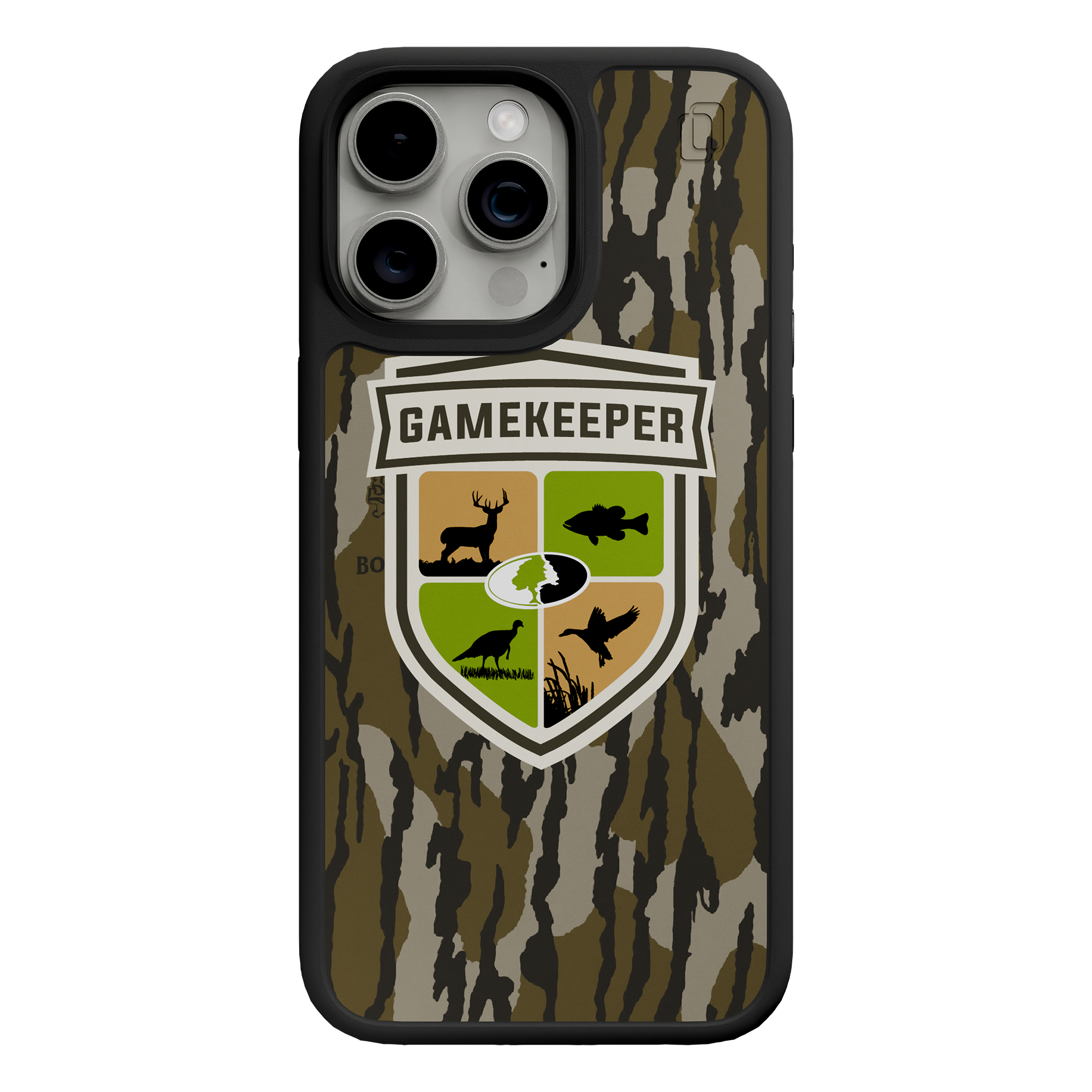 Shock-Absorbent MagSafe® Case for Apple iPhone 15 Pro Max | Mossy Oak Gamekeeper Bottomland Camo Onyx Black