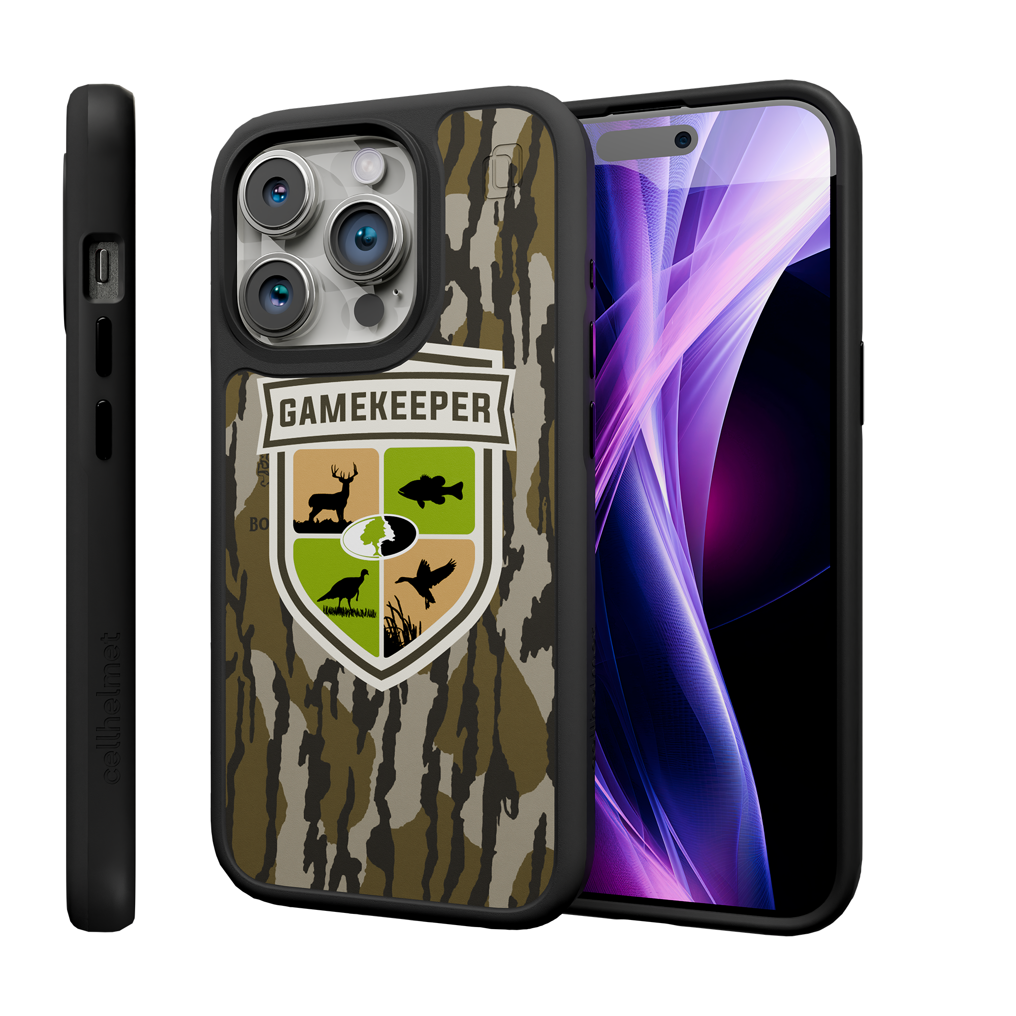 Shock-Absorbent MagSafe® Case for Apple iPhone 15 Pro | Mossy Oak Gamekeeper Bottomland Camo Onyx Black