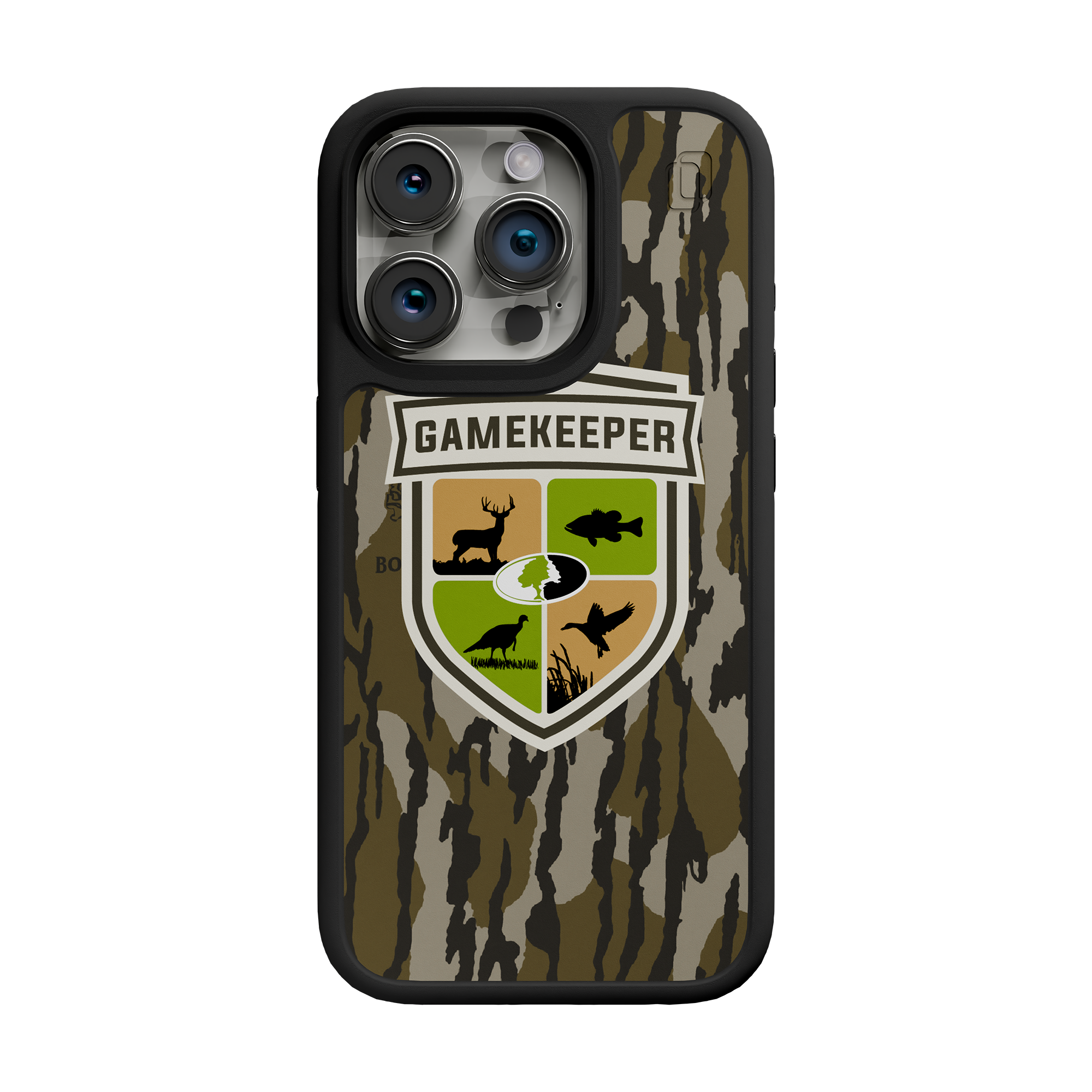Shock-Absorbent MagSafe® Case for Apple iPhone 15 Pro | Mossy Oak Gamekeeper Bottomland Camo Onyx Black