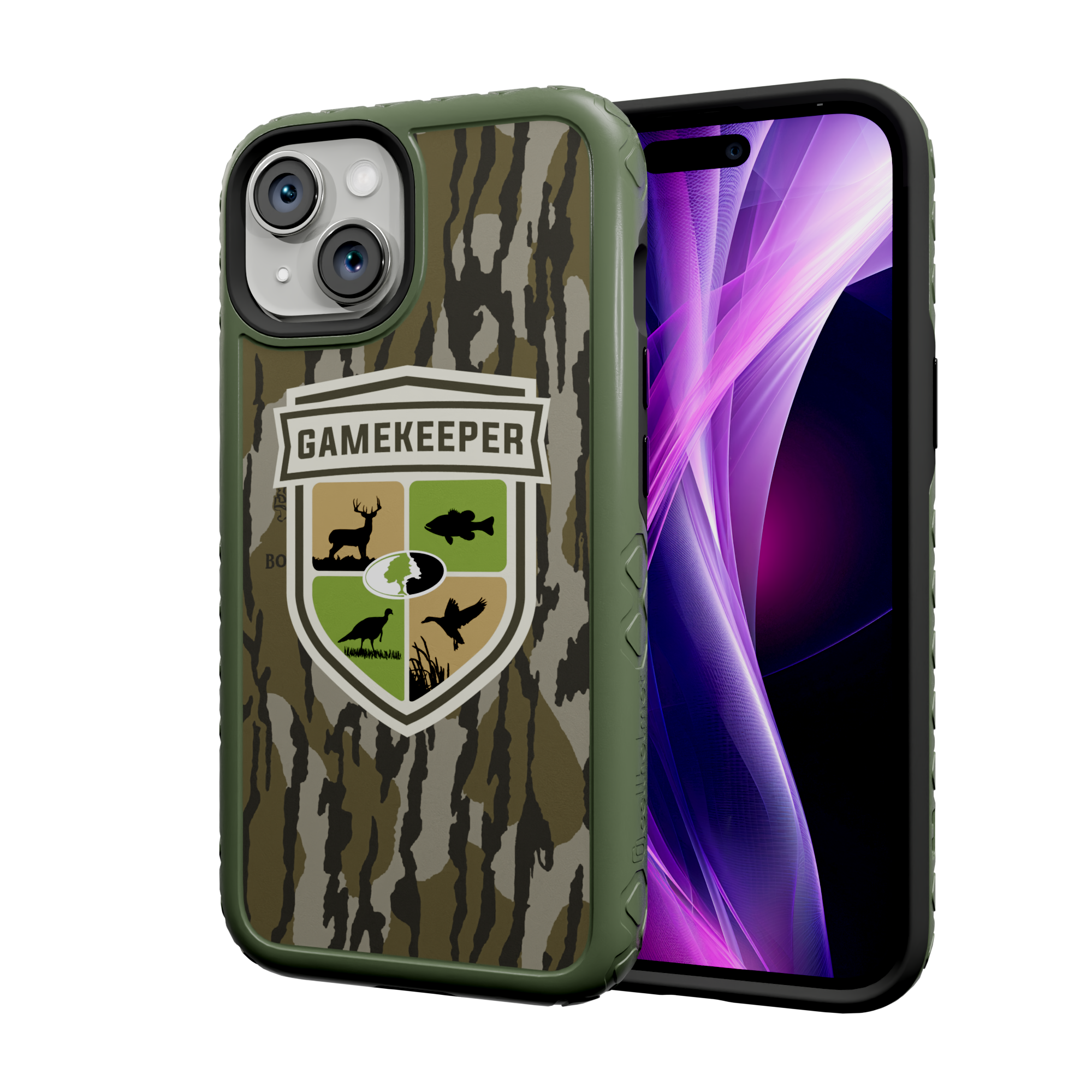 Shock-Absorbent MagSafe® Case for Apple iPhone 14 | Mossy Oak Gamekeeper Bottomland Camo