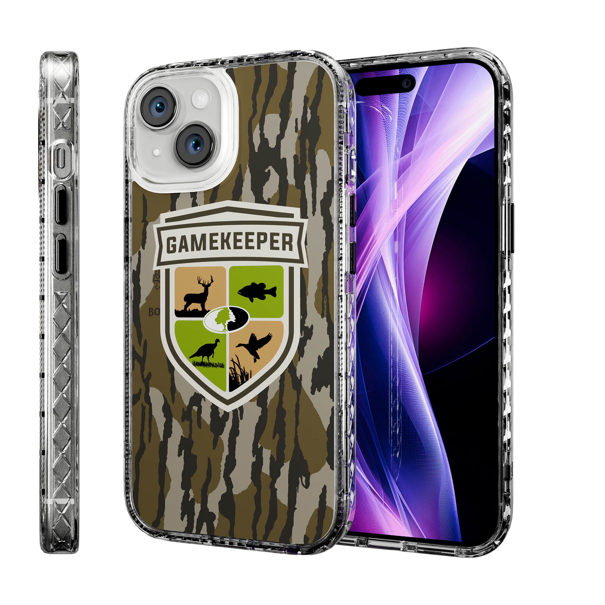 Slim MagSafe® Case for Apple iPhone 15 | Mossy Oak Gamekeeper Bottomland Camo Crystal Clear