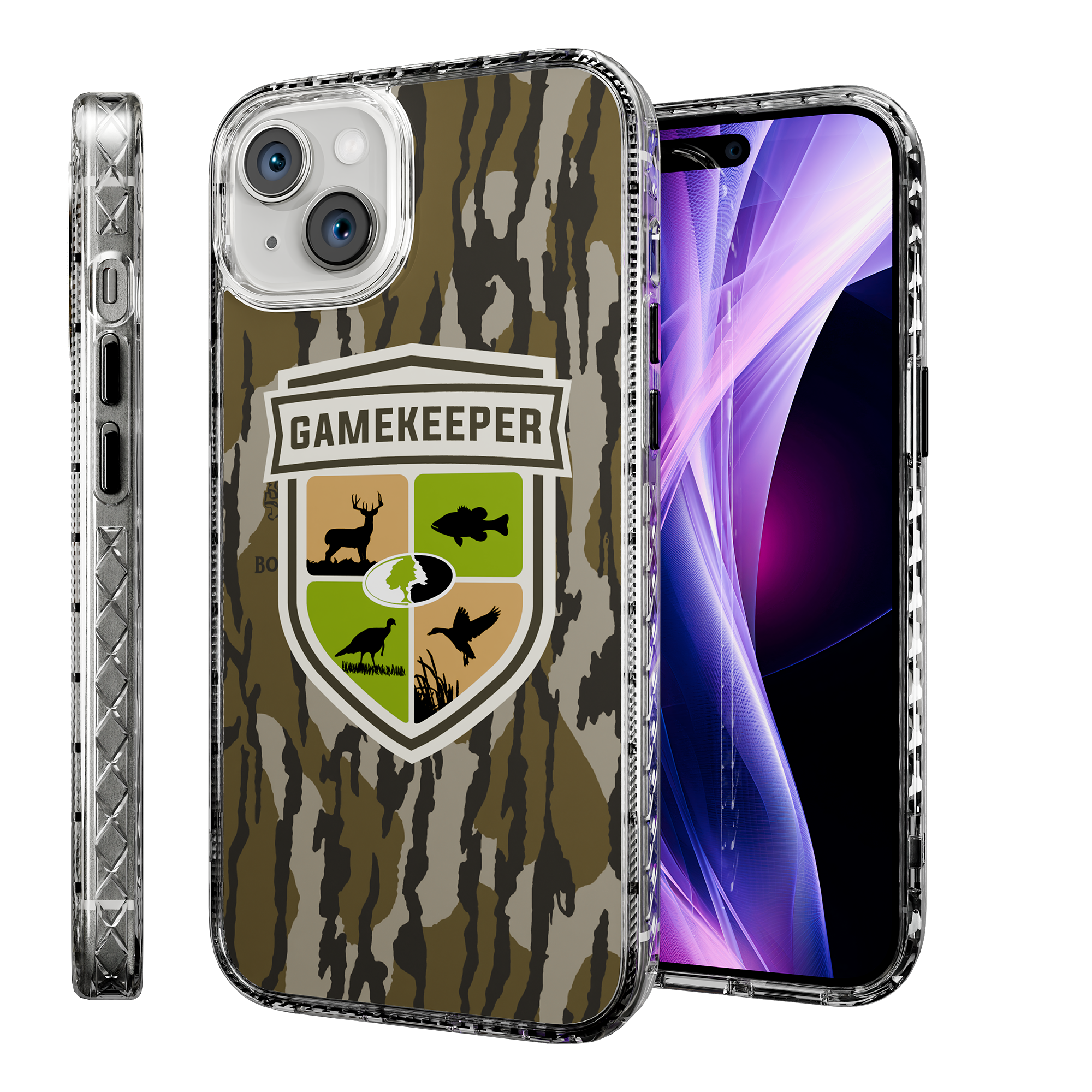 Slim MagSafe® Case for Apple iPhone 15 Plus | Mossy Oak Gamekeeper Bottomland Camo Crystal Clear