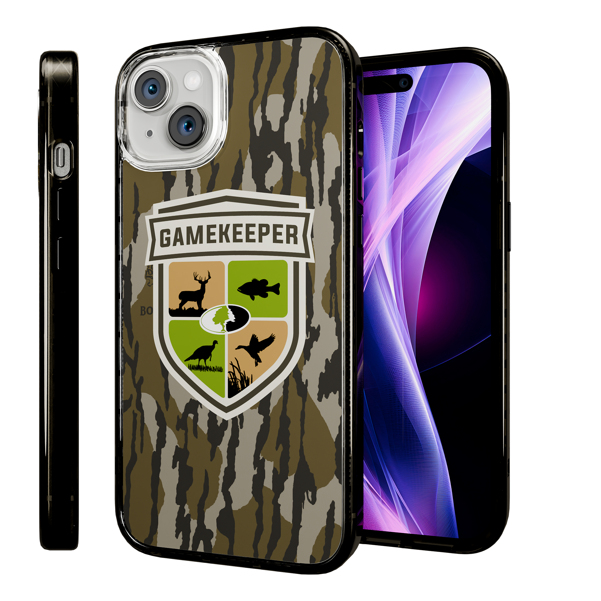 Slim MagSafe® Case for Apple iPhone 15 Plus | Mossy Oak Gamekeeper Bottomland Camo Onyx Black