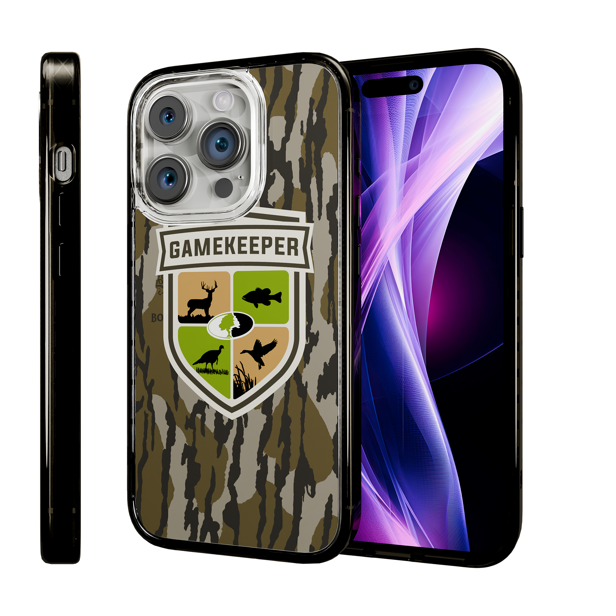 Slim MagSafe® Case for Apple iPhone 15 Pro | Mossy Oak Gamekeeper Bottomland Camo Onyx Black