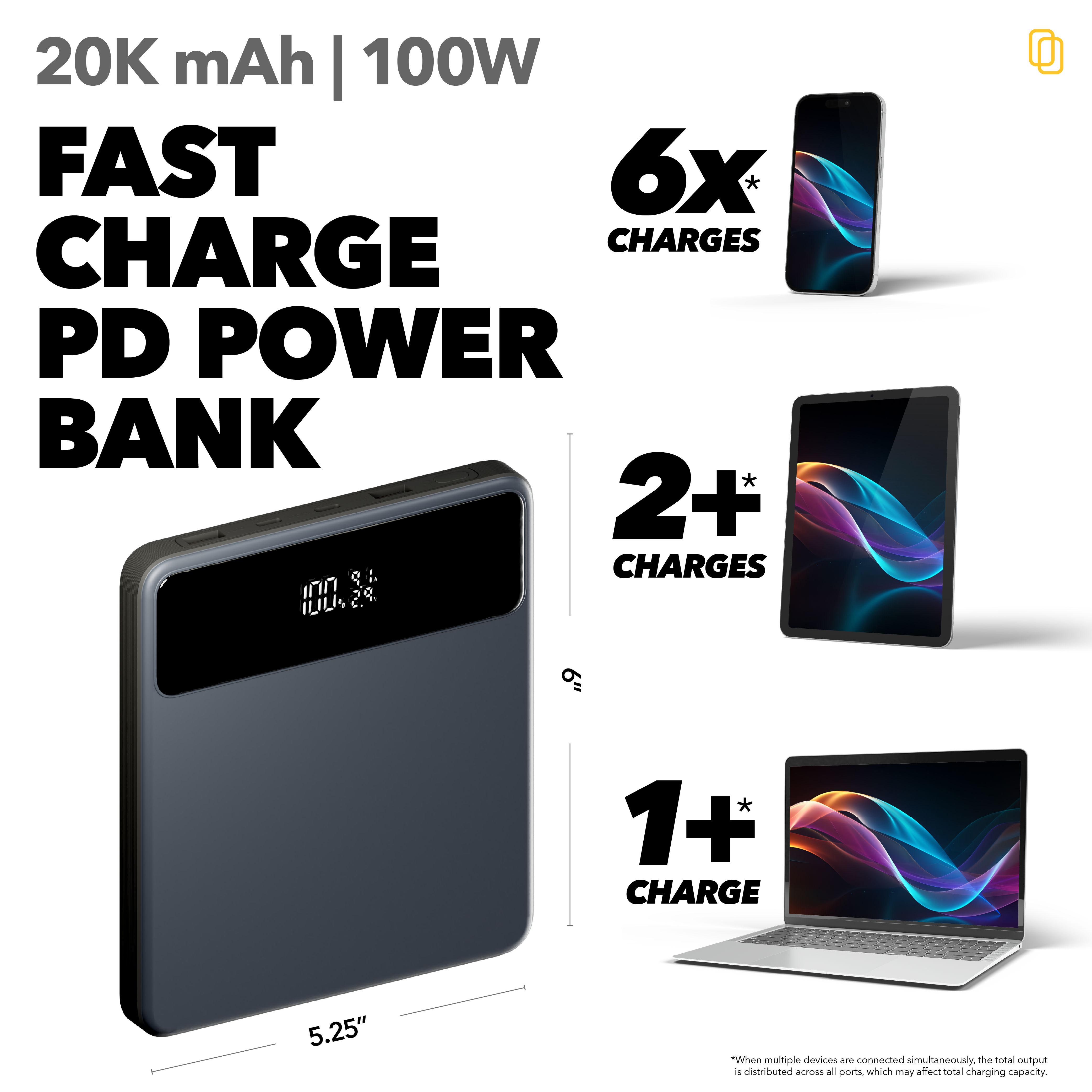 20K mAh Power Bank, 100W, 4 Ports (2 A, 2 C) with Charging Cable