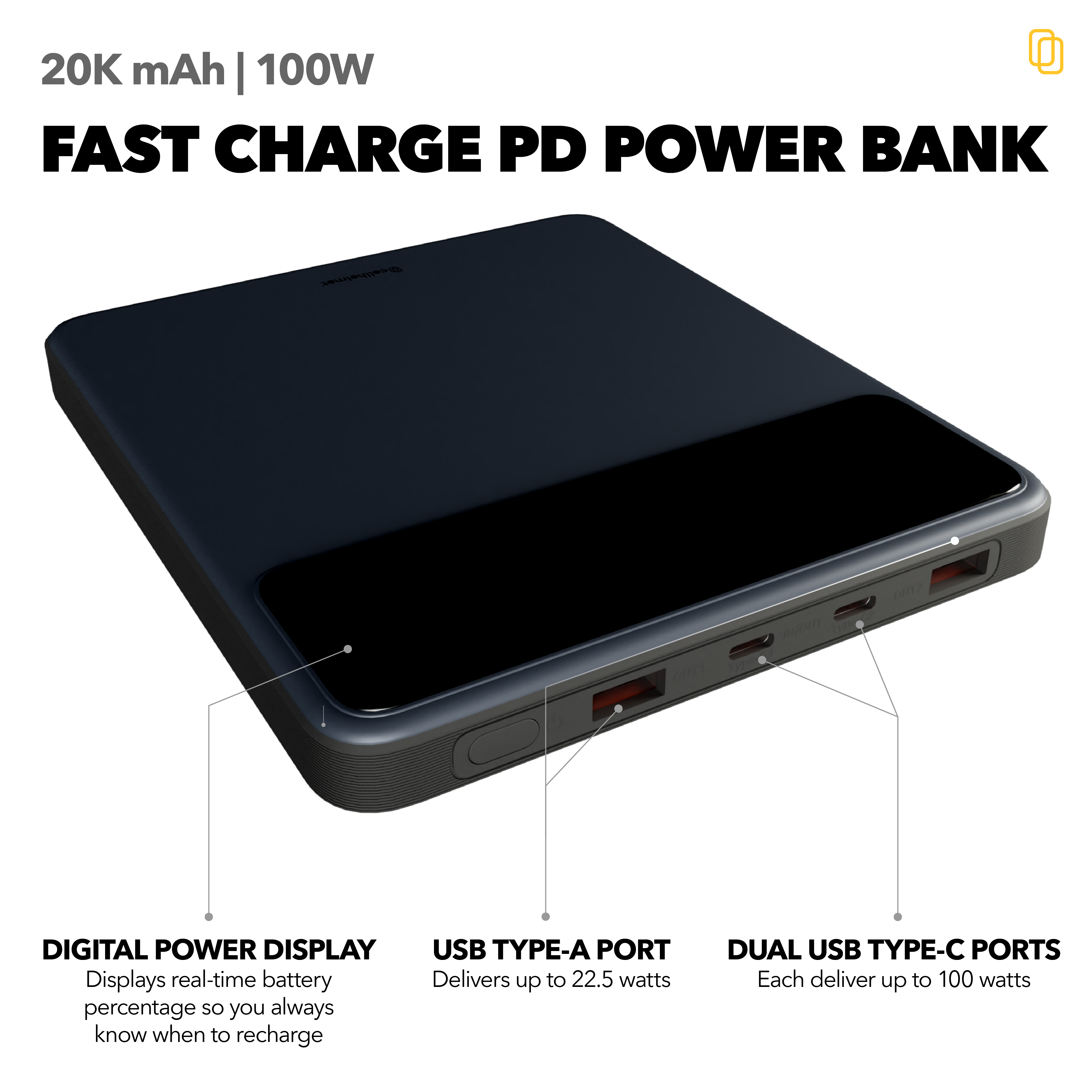 20K mAh Power Bank, 100W, 4 Ports (2 A, 2 C) with Charging Cable