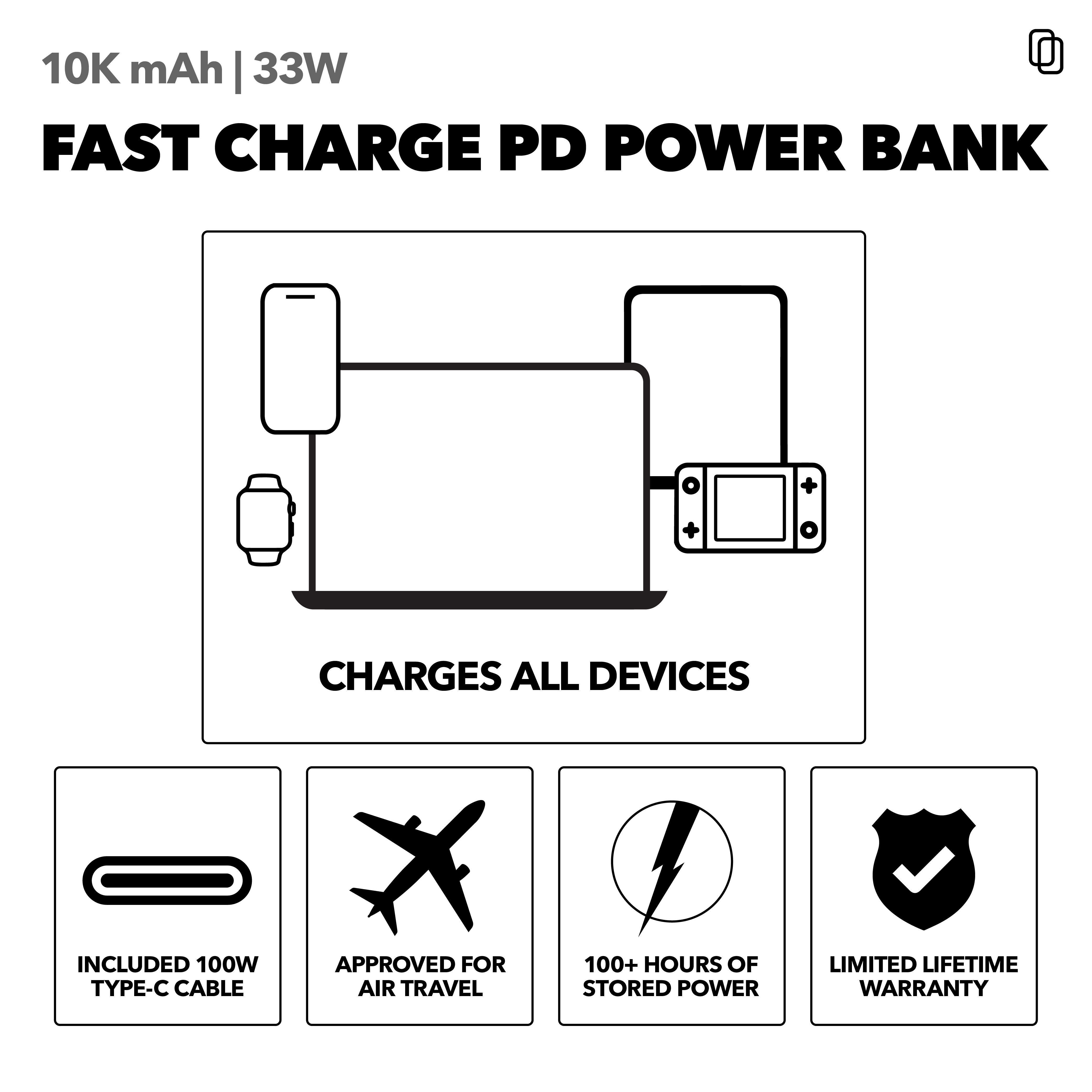 10K mAh Power Bank, 33W, 2 Ports (1 A, 1 C) & Charging Cable