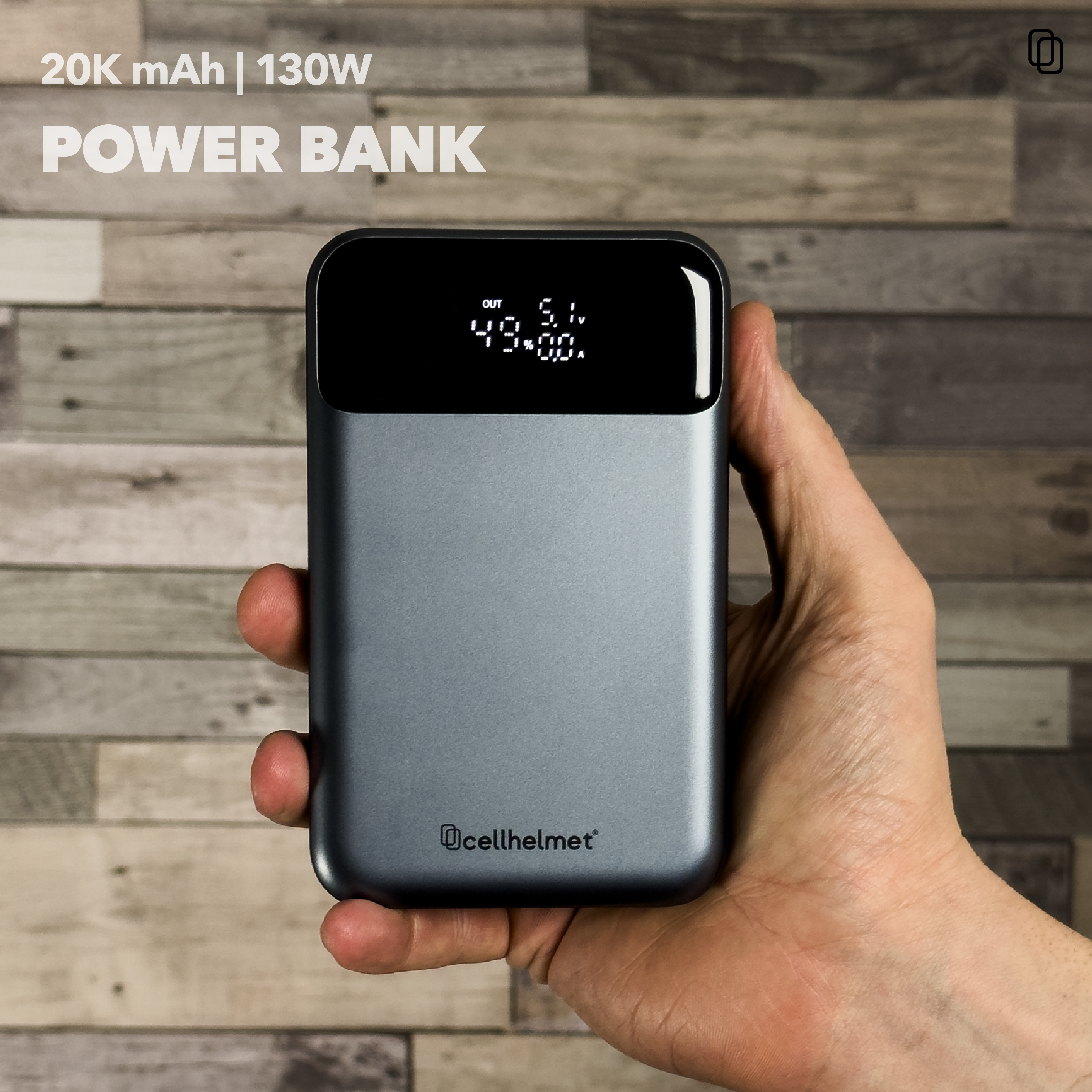 20K mAh Power Bank, 130W, 3 Ports (2 C, 1 A) & Charging Cable