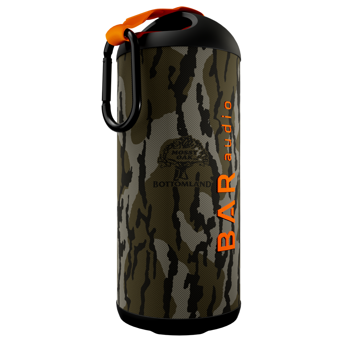 Camouflage-patterned portable speaker with 'BAR Audio' branding on a white background