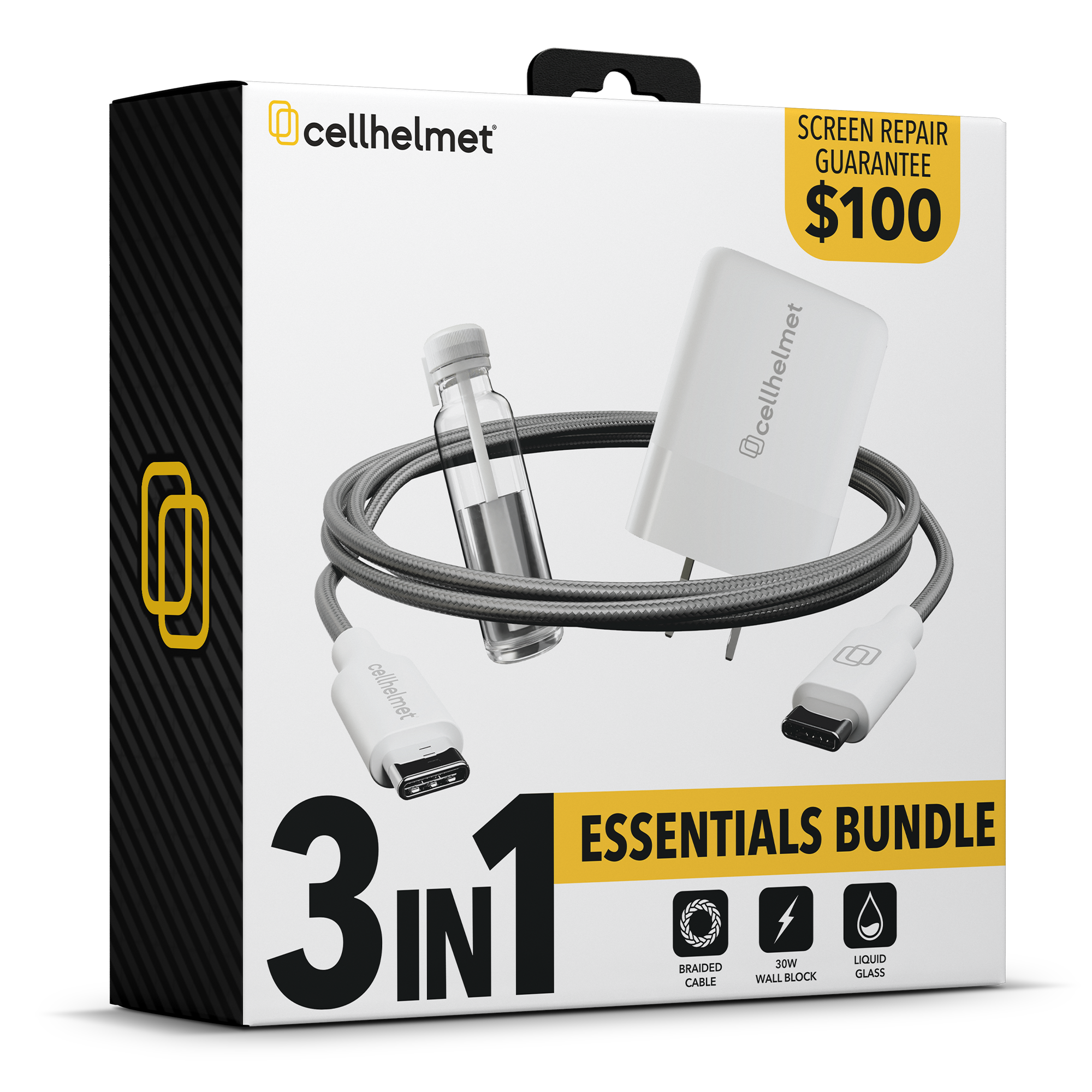 3 Pack Bundle - Device Universal - Liquid Glass $100, 30 watt PD block, 6' Braided C-C Cable