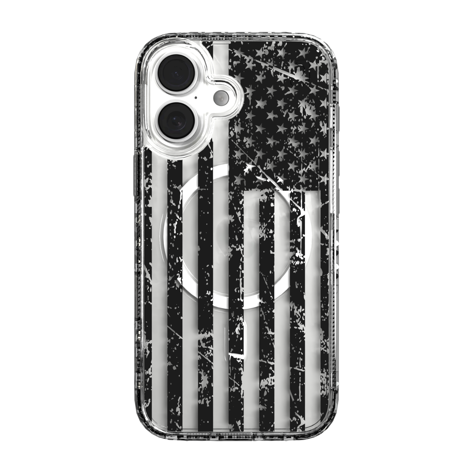 iPhone 16 Series | MagSafe | Red, White & Blue Case Collection | Weathered Black & White American Flag Black Flag / iPhone 16 / Clear